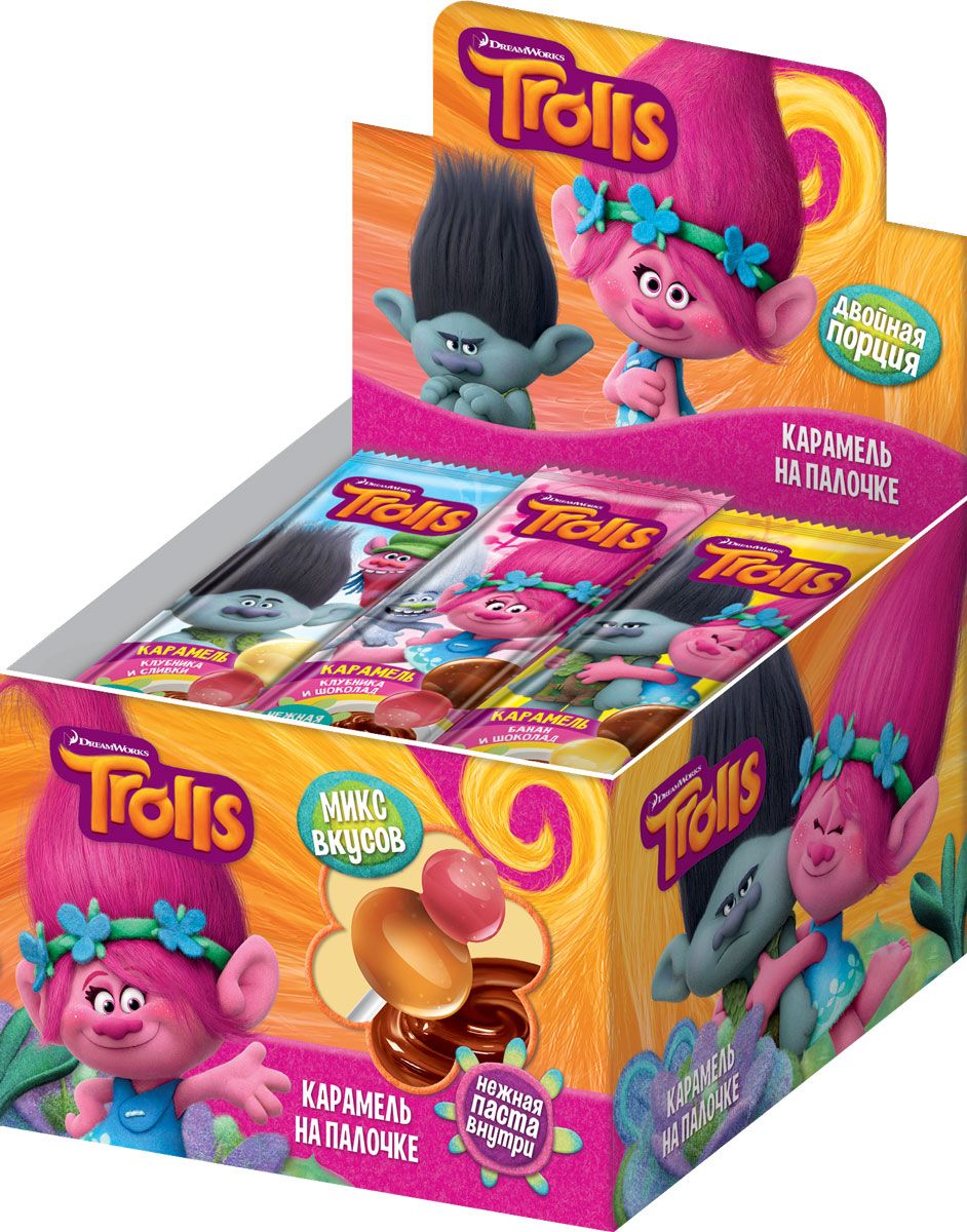 Конфитрейд Trolls карамель леденцовая на палочке с пастой со вкусом шоколада, 24 шт по 17 гУТ19713 Конфитрейд Trolls карамель леденцовая на палочке с пастой со вкусом шоколада, 24 шт по 17 гУТ19713Карамель на палочке фигурная в форме двух шаров разных размеров, стоящих друг на друге. Карамель трех вкусов (каждый вкус двух цветов): клубника и шоколад (розовый-коричневый), банан и шоколад (желтый-коричневый), клубника и сливки (розовый-белый). Карамель крепко держится на палочке.