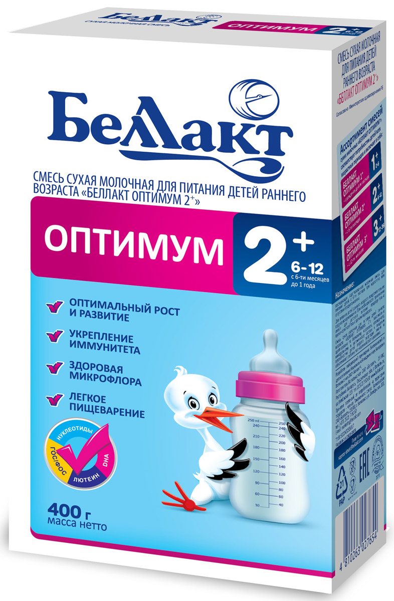 Беллакт Оптимум 2+ смесь молочная сухая с 6 месяцев, 400 г2765 Беллакт Оптимум 2+ смесь молочная сухая с 6 месяцев, 400 г2765Смесь для питания детей с 6 месяцев до 1 года при недостатке или отсутствии женского молока.