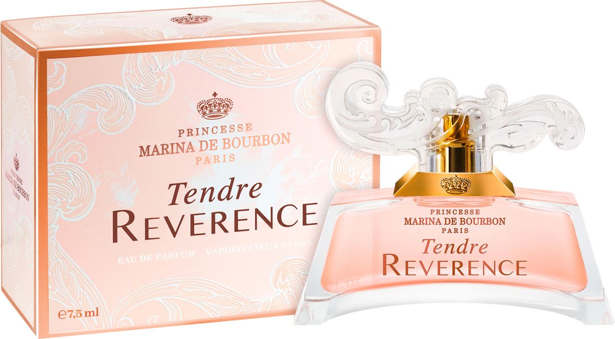 Princesse Marina De Bourbon Paris Tendre Reverence Миниатюра парфюмерная вода 7,5 мл1495CMB Princesse Marina De Bourbon Paris Tendre Reverence Миниатюра парфюмерная вода 7,5 мл1495CMBФлакон:Tendre Reverence - вступление в уникальную чарующую вселенную. Выполненный в стиле комплекса в Версале, главного фамильного дворца, аромат Tendre Reverence пробуждает ощущения мягкой сладости жизни, наполненной историей и воспоминаниями. Парфюм отражает богатство и элегантность вселенной принцессы, а ароматы, созданные ею, воплощают мир гармони, спокойствия и нежности ее снов. Несколько прикосновений этого аромата перенесут вас сквозь время. Потрясающая эпоха, синоним сладости, изысканной деликатности и женственности, выраженных с помощью аромата.Аромат:Утонченный, сладкий и изысканный Tendre Reverence это сказочный букет, олицетворяющий женственную красавицу, сохранившую свою молодость и романтичность. Волна свежести встречается с цветочными нотами в этом новом цветочно-фруктовом аромате. Tendre Reverence раскрывает аромат, наполненный эмоциями и чувственностью. Парфюм обладает мягким и одновременно искрящимся сладким характером, излучает женственность и удивляет; обволакивает и дарит чувство роскоши.