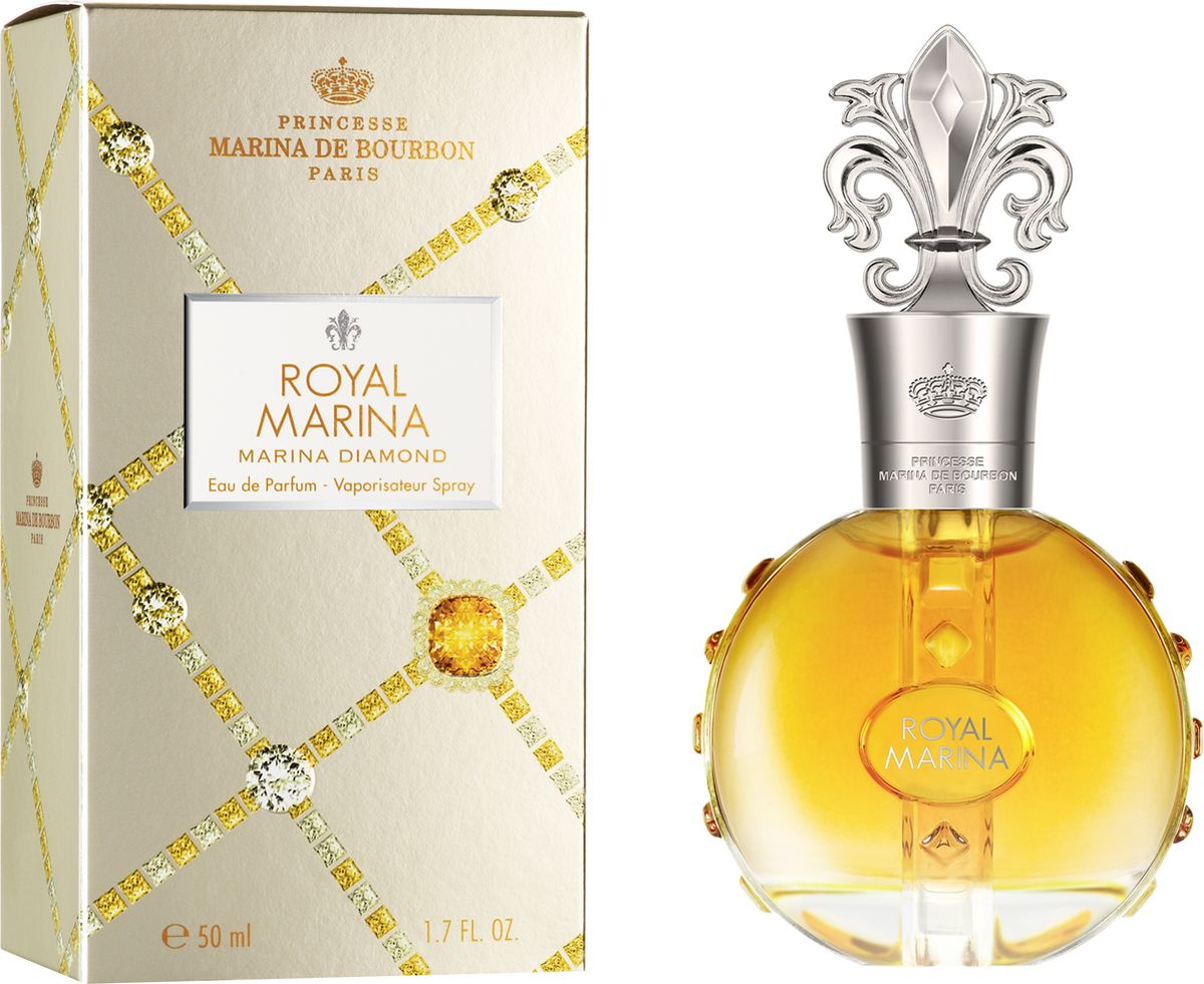 Princesse Marina De Bourbon Paris Royal Marina - Marina Diamond Парфюмерная вода 50 мл2802MB Princesse Marina De Bourbon Paris Royal Marina - Marina Diamond Парфюмерная вода 50 мл2802MBФлакон:Ценный и роскошный флакон инкрустирован драгоценными ограненными камнями. Блеск сверкающего алмаза усиливается впечатляющей крышкой в виде геральдической лилии и с подписью Royal Marina. Золотая, статусная упаковка, рельефно украшенная драгоценными камнями, хранит внутри настоящее сокровище.Аромат:Обволакивающий, чувственный и теплый Royal Marina Diamond - это захватывающий аромат для гламурной и блистательной женщины, которая стремится произвести незабываемое впечатление и продемонстрировать свой страстный темперамент. Это чувственный и страстный парфюм; радостная сочность Брусники выделяет аромат лепестков Ириса и Жасмина. Изысканные цветочные ноты в центре окутаны экзотической чувственностью дерева Copaiba, в то же время прикосновение ванили и плодов мускуса подчеркивает остроту этого аромата. Солнечный золотисто-янтарный оттенок просматривается сквозь изящное стекло, околдовывая видом сладкого нектара.