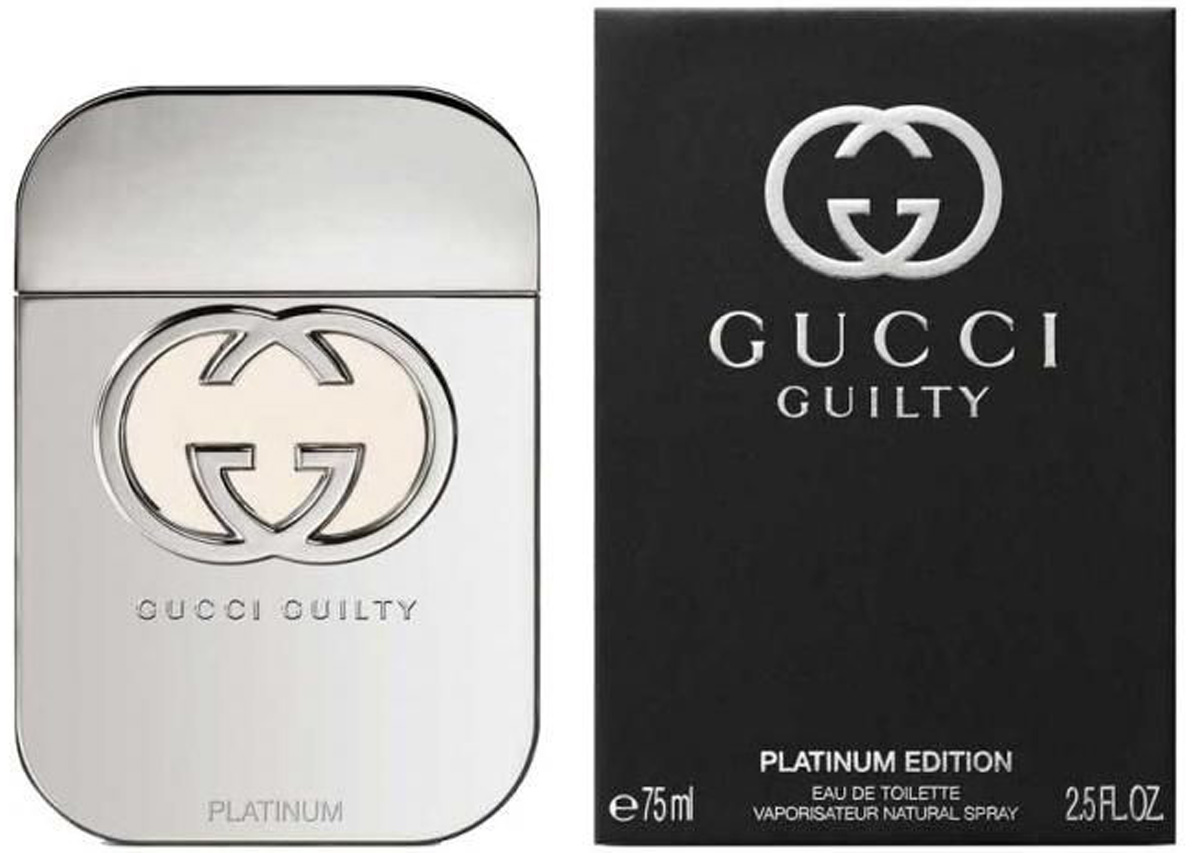 Gucci Туалетная вода женская Gulty Platinum, 75 мл0730870216965 Gucci Туалетная вода женская Gulty Platinum, 75 мл0730870216965Начальные ноты запаха переплели в себе искрящуюся свежесть цитрусов и мандарина, с соблазнительно тонким ароматом пиона. Ноты сердца окутывают кожу драгоценными дарами османтуса и розы. К концу дня на коже выступает гладкий, теплый, остропряный и обволакивающий аромат основных нот: сандалового дерева, мадагаскарского розового перца и листа пачули. верхние ноты: Мандарин Розовый перец; средние ноты: Персик Сирень Герань; шлейф: Амбра Пачули.