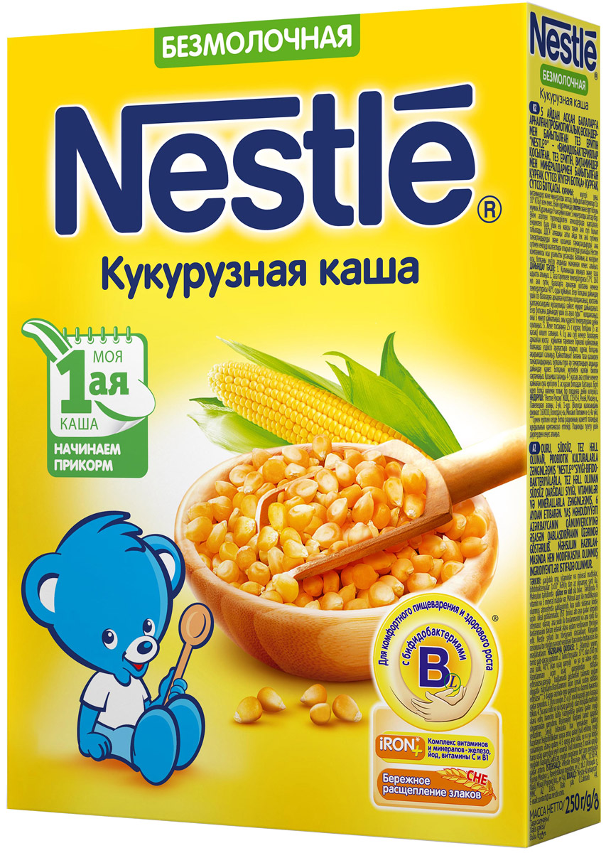 Nestle каша безмолочная кукурузная, 200 г12229818 Nestle каша безмолочная кукурузная, 200 г12229818Безмолочная кукурузная каша приготовлена с использованием особой технологии бережного расщепления злаков CHE. Благодаря этому в продукте появляется естественный сладкий вкус (без добавления сахара), каша лучше усваивается и имеет повышенную пищевую ценность. В состав каши входит кукуруза. Не содержит глютен. Является полезным сбалансированным прикормом для здоровых детей. Каша обогащена витаминами и микроэлементами, содержит пробиотики - живые бифидобактерии комплекса BL. Они способствуют нормализации пищеварения, росту здоровой микрофлоры и укреплению иммунитета, что очень важно на начальном этапе введения прикорма. При непереносимости лактозы и/или белков коровьего молока кашу необходимо разводить либо водой либо молочной смесью, которую вы используете для вскармливания вашего ребенка. Внимание! При разведении водой каша не обеспечивает необходимую пищевую ценность рациона. Проконсультируйтесь с врачом для коррекции рациона. Идеальной пищей для грудного ребенка является молоко матери. Всемирная организация здравоохранения рекомендует исключительно грудное вскармливание в первые шесть месяцев и последующее введение прикорма при продолжении грудного вскармливания. Компания Нестле поддерживает данную рекомендацию. Для принятия решения о сроках и способе введения данного продукта в рацион ребенка необходима консультация специалиста. Возрастные ограничения указаны на упаковке товаров в соответствии с законодательством РФ.