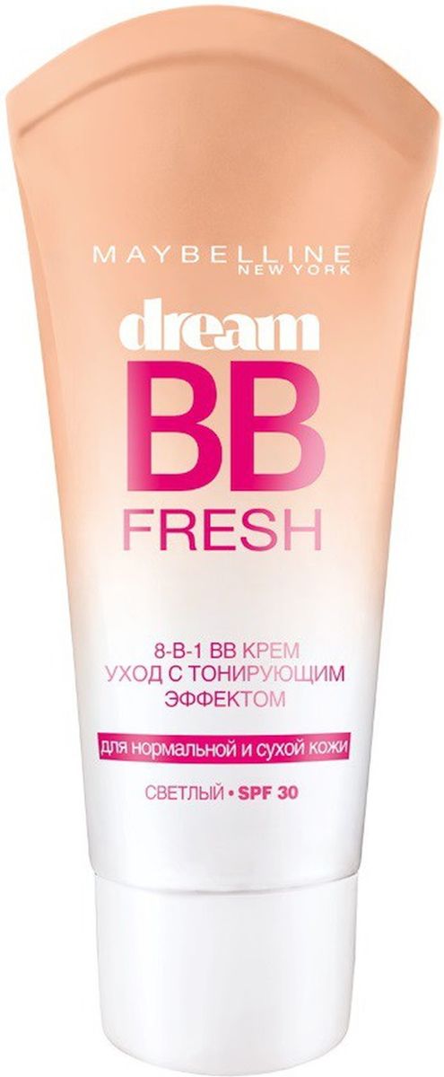 Maybelline New York BB Крем Dream Fresh, Мгновенное сияние, выравнивающий, с тонирующим эффектом, светлый, 30 млB1983202 Maybelline New York BB Крем Dream Fresh, Мгновенное сияние, выравнивающий, с тонирующим эффектом, светлый, 30 млB1983202BB крем Мгновенное Сияние. Крем-уход с тонирующим эффектом. Его легкая гелевая формула на водной основе сочетает лучшие свойства увлажняющего крема и тонального средства, маскирует недостатки, делает кожу свежей и сияющей. Эффект ВВ-крема Мгновенное Сияние для сухой и нормальной кожи избавляет от 8 проблем одним движением: 1. Скрывает несовершенства 2. Наполняет сиянием 3. Придает гладкость 4. Сливается с тоном кожи 5. Увлажняет в течение дня 6. Придает ощущение свежести 7. Защищает от УФ (SPF 30) 8. Без жирного блеска