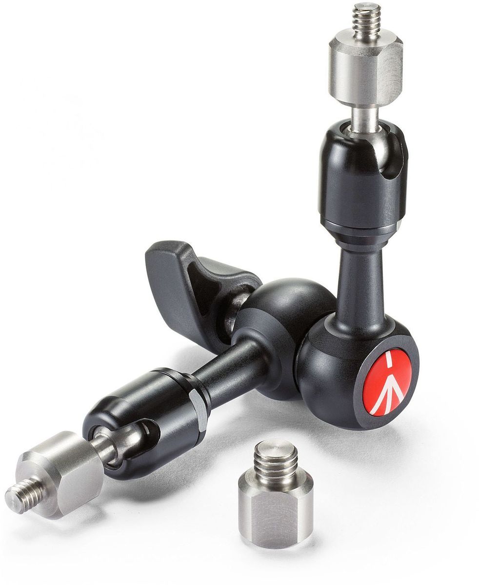 Manfrotto 244MICRO, Black штатив244MICRO Manfrotto 244MICRO, Black штатив244MICROШарнирно-фрикционный кронштейн Manfrotto 244 Micro Fiction Arm длиной 15 см предназначен как для профессионального, так и для любительского использования.В конструкции реализована новая система против проворачивания, не допускающая прокручивания при закреплении кронштейна на штативе или какую-либо иной перекладине на зажиме. Соединительный элемент на каждой стороне кронштейна может при помощи входящего в комплект ключа-шестигранника заменяться другим переходником. Предусмотрены следующие варианты: узел крепления 5/8?, «горячий башмак», резьба 3/8?, резьба 1/4? и непрокручивающийся переходник. Благодаря наличию разных комплектов пользователи могут значительно раздвигать границы возможного использования своего оборудования. Кронштейн сделан из алюминия, что гарантирует долговечность, и способен нести увеличенную нагрузку — до 3 кг. Удобством и эргономичностью использования кронштейны обязаны регулируемой рукоятке, которая позволяет обеспечивать значительную механическую силу зажатия, при этом они могут быть использованы совместно с практически любым оборудованием, имеющемся на рынке.