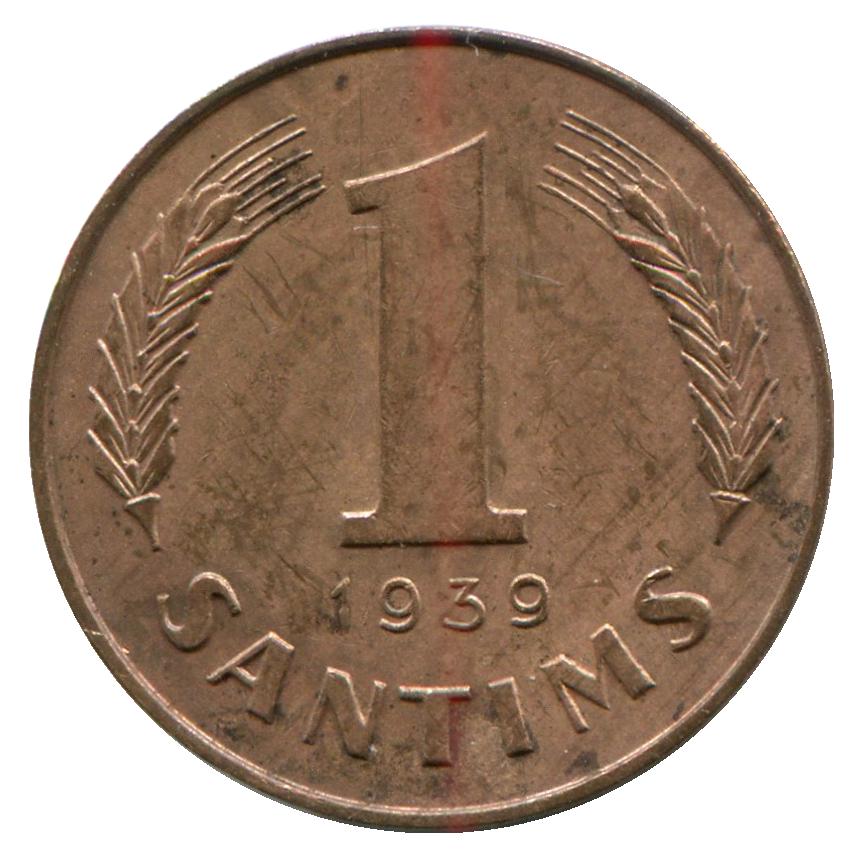 Монета номиналом 1 сантим. Латвия, 1939 год