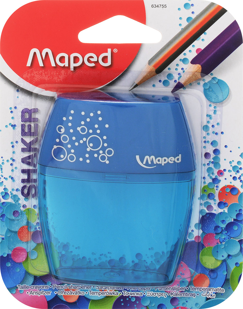 Maped Точилка Shaker двойная цвет синий634755_бирюзовый, синий Maped Точилка Shaker двойная цвет синий634755_бирюзовый, синийТочилка Maped Shaker изготовлен с двумя отверстиями - для обычных карандашей и для карандашей Джамбо.Точилка выполнена из ударопрочного пластика. Полупрозрачный контейнер для сбора стружки позволяет визуально контролировать уровень заполнения и вовремя производить очистку.