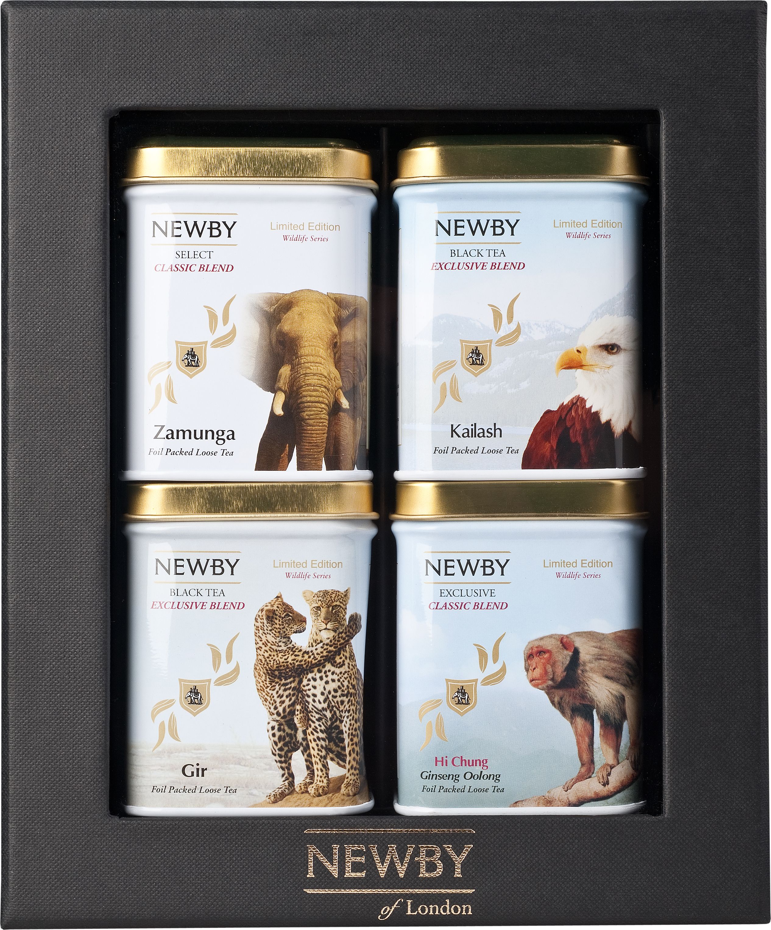 Newby Подарочный набор №4: Дикая Жизнь листовой чай, 4 шт, 145 г145 г Newby Подарочный набор №4: Дикая Жизнь листовой чай, 4 шт, 145 г145 гЭксклюзивная серия Дикая Жизнь посвящена дикой природе, окружающей чайные плантации мира. Чайные сады раскинулись в отдаленных от цивилизации районах, где живут удивительные редкие представители земной фауны.Каждое животное на баночке отражает регион произрастания – Африка, Индия, Непал и Китай.Уникальные чаи этой коллекции - шесть чёрных, один зелёный и один улонг – бережно упакованы в герметичную алюминиевую фольгу, для того, чтобы сохранить свежесть и аромат чайного листа. Коллекция доступна как в отдельных баночках, так и в изысканных подарочных наборах из баночек-миниатюр.В наборе 4 вида чая из коллекции Дикая Жизнь: Замунга - особый купаж крупнолистового чая с золотистыми и серебряными типсами. Ароматная и яркая чашка со сладким мускатным послевкусием и некоторой терпкостью.Вкусовые характеристики:Цвет: яркий, медныйАромат: яркийВкус: слегка вяжущий, с мускатными ноткамиПослевкусие: сбалансированное. Гир - неповторимая смесь премиального черного чая Ассам с золотистыми типсами. Яркий настой с богатым солодовым ароматом и пряным послевкусием.Вкусовые характеристики:Цвет: ярко-каштановыйАромат: грецкого орехаВкус: насыщенный, солодовыйПослевкусие: мягкое, с пряными нотками. Кайлаш - отборный цельный лист высокогорного чая из чайных садов Непала дает насыщенный настой медового цвета с терпким вкусом и мускатным ароматом.Вкусовые характеристики:Цвет: ярко-каштановыйАромат: яркие мускатные ноткиВкус: крепкий, насыщенныйПослевкусие: цветочное, длительное.Хай Чунг - высококачественный улонг с добавлением пудры из корня женьшеня. Чай сладковатый на вкус, обладает исключительными полезными свойствами.Вкусовые характеристики:Цвет: золотистыйАромат: цветочный, с нотками орхидеиВкус: сладковатый, женьшеневыйПослевкусие: длительное.