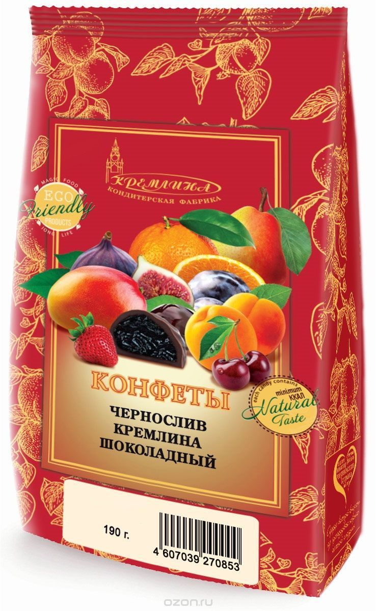 Кремлина Чернослив в шоколаде, 190 г4607039270853 Кремлина Чернослив в шоколаде, 190 г4607039270853Натуральные продукты - сухофрукты и цукаты - являются одним из самых древнейших полезных лакомств. В них содержатся в различных комбинациях витамины: A, B1, B2, B5, B6, C, PP, E, H; макро- и микроэлементы: фосфор, фтор, алюминий, кобальт, цинк, железо, кальций, калий, магний, йод, марганец, медь, натрий; клетчатка, пектин.Яркий натуральный вкус чернослива даст вам возможность почувствовать теплые лучики французского солнца, под которым нежились спелые сливы, даст заряд бодрости и запас витаминов на весь день.Уважаемые клиенты! Обращаем ваше внимание на то, что упаковка может иметь несколько видов дизайна. Поставка осуществляется в зависимости от наличия на складе.