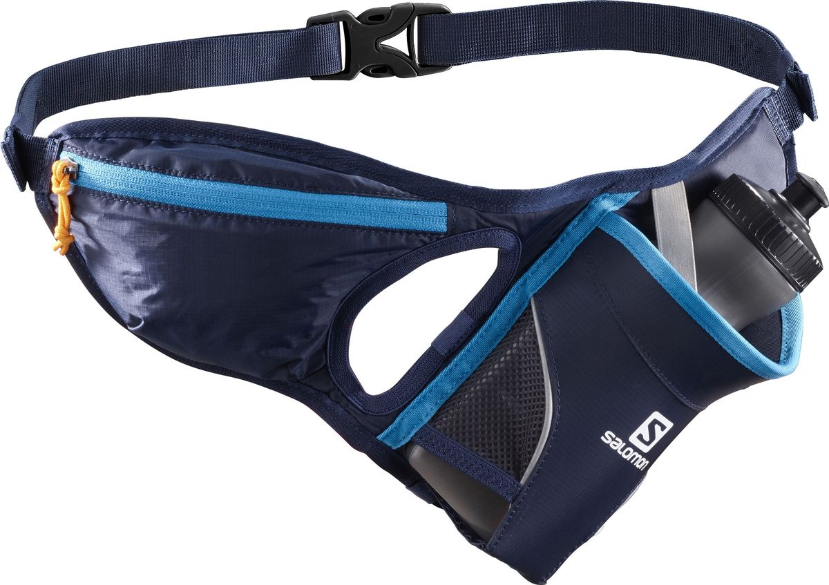 Сумка на пояс Salomon Hydro 45 Belt, цвет: темно-синий, голубойL39750200 Сумка на пояс Salomon Hydro 45 Belt, цвет: темно-синий, голубойL39750200Простая, динамичная и удобная сумка-пояс Salomon Hydro 45 Belt эластично тянется, удобно облегая тело на бегу, и позволяет всегда держать под рукой бутылки с водой. Бутылки крепятся под углом 45 градусов, идеально подходит для того, чтобы держать их под рукой во время трейл-раннинга.