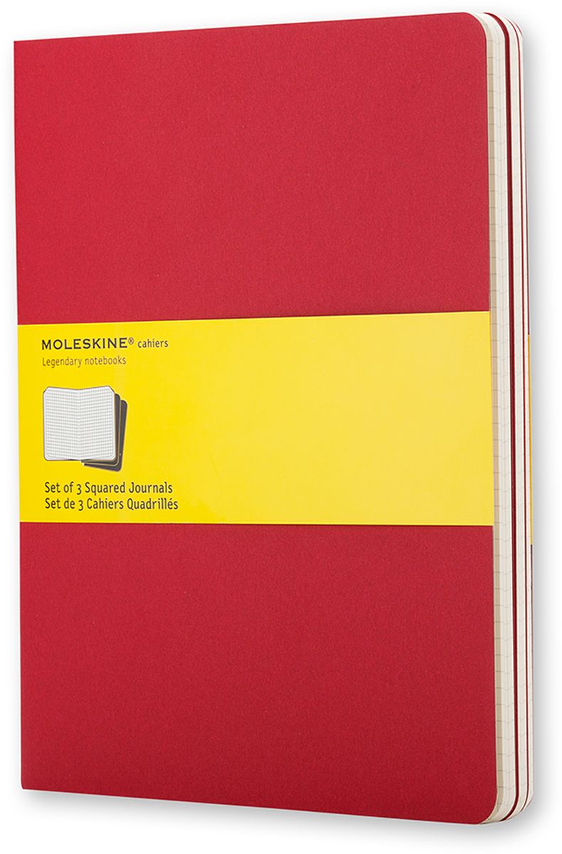 Moleskine Набор записных книжек Cahier Xlarge 60 листов в клетку цвет клюквенный 3 штCH122 Moleskine Набор записных книжек Cahier Xlarge 60 листов в клетку цвет клюквенный 3 штCH122Записные книжки Moleskine Cahier Journal Xlarge отличаются гибкой и прочной картонной обложкой и хорошо заметной прошивкой на корешке. Внутренний блок состоит из 60 листов бумаги в клетку, последние 16 листов отделяются. Есть карман для заметок на отдельных листах. В набор из 3 штук вложена открытка с историей Moleskine.