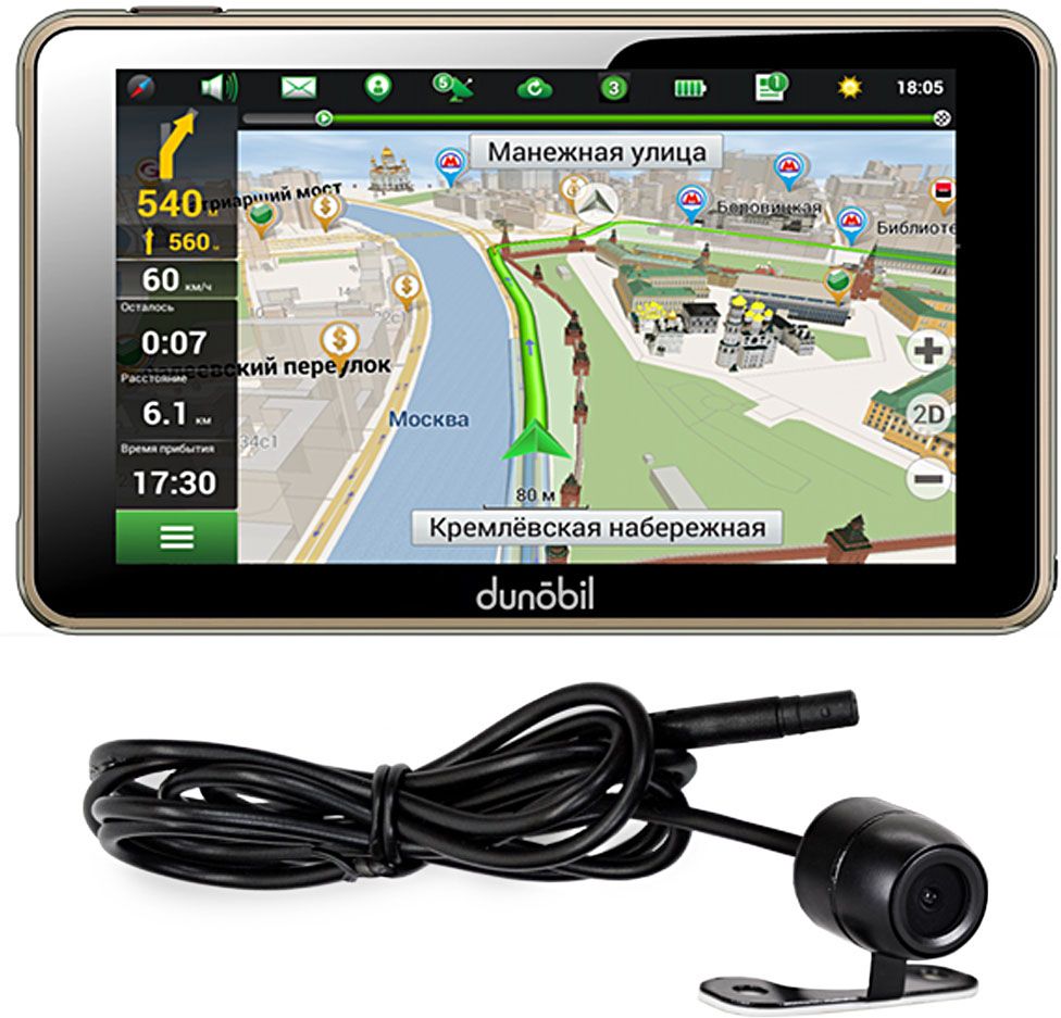 Dunobil Clio 5.0 + camera, Black автомобильный навигаторKYBPEOH Dunobil Clio 5.0 + camera, Black автомобильный навигаторKYBPEOHDunobil Clio Parking Monitor — многофункциональный GPS-навигатор с высококонтрастным экраном диагональю 5,0 дюйма, разрешением экрана 480*272 пикселей и встроенной памятью объемом 4 Гб.Операционная система Windows CE 6.0 на базе процессора Mstar MSB2531, ARM Cortex-A7 и предустановленная во внутреннюю память устройства навигационное программное обеспечение Навител Навигатор делают эту модель компактной, но вместе с тем высокофункциональной.Предустановленное программное обеспечение дает пользователю возможность самостоятельно управлять обновлением Навител Навигатор и скачивать актуальные карты России, Европы и Азии. Устройство оснащено FM-трансмиттером, а также обладает обширными мультимедийными возможностями.Этот GPS-навигатор воспроизводит разнообразные аудио-, видео-, графические и текстовые файлы. Кроме того, пользователям предлагаются встроенные игры. Наличие слота для карты памяти поможет контролировать объем памяти устройства. В комплект также входят надежный автомобильный держатель, автомобильное зарядное устройство и USB-кабель— для комфортного и эффективного использования устройства.