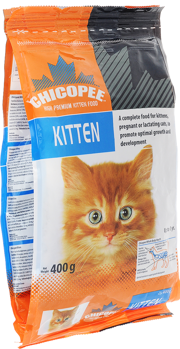 Корм сухой Chicopee Kitten для котят, с птицей, 400 г9466604 Корм сухой Chicopee Kitten для котят, с птицей, 400 г9466604Корм сухой Chicopee Kitten - это полноценное питание для котят, беременных и кормящих кошек для оптимального роста и развития. В первый год жизни котенку требуется особый рацион, ведь его организму необходимы ресурсы для роста и развития. При этом важно, чтобы состав продукта не был слишком сложен для несформировавшегося пищеварения питомца. Сухой корм Chicopee для котят - продукт питания, основой которого являются легкоусвояемые ингредиенты, хорошо перевариваемые слабым желудочно-кишечным трактом. Он также подходит для полноценного рациона беременной или кормящей кошки. Особенности состава корма Chicopee для котят:- Значительное количество легкоусвояемого белка - главного строительного материала в период вынашивания плода, а также во время активного роста котенка.- Содержание таурина - необходимой для кошек аминокислоты, обеспечивающей здоровье сердца и его хорошую работу, правильную выработку желчи, целостность сетчатки глаза и способность кошки к вынашиванию.- Правильное сочетание жирных кислот Омега-3 и Омега-6 обеспечивает формирование шерстного покрова у котят в утробе кошки и после рождения.- Инулин и маннановые олигосахариды способствуют хорошему состоянию пищеварительной системы и полноценной всасываемости питательных веществ, что необходимо в период активного роста. Эти вещества также улучшают лактацию и формируют наилучший состав молока у кошки во время беременности.- Богатое содержание фосфора и магния способствует формированию мочеполовой системы у котенка.- Порошок из юкки Шидигера устраняет неприятные запахи фекалий животного за счет уничтожения патогенных бактерий и спор грибковой плесени.Такой полноценный состав корма обеспечивает каждый орган и систему котенка запасом витаминов, минералов и аминокислот для развития. А отсутствие сложно перевариваемых ингредиентов позволяет не волноваться о возможных расстройствах с ЖКТ и развития аллергических реакций у питомца.Товар сертифицирован.