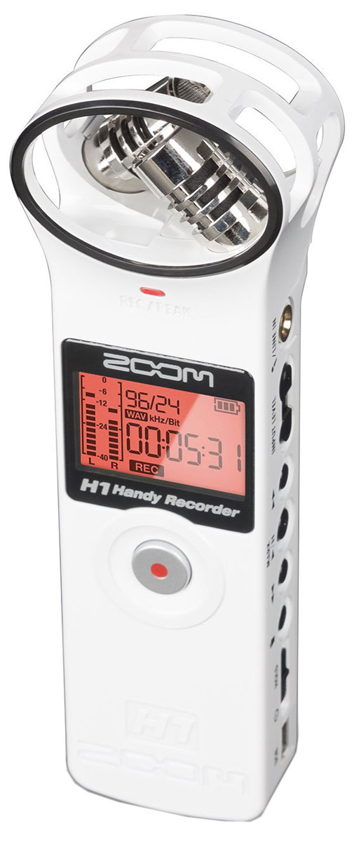 Zoom H1W, White диктофонH1w Zoom H1W, White диктофонH1wНевероятно компактный ручной рекордер H1 заставит вас пересмотреть значение слова портативный. Благодаря его скромным размерам, H1 поместится в вашем кармане, обеспечивая при этом аудиозапись профессионального уровня. Куда бы вы ни направлялись, вы всегда можете взять его с собой и производить аудиозапись в стерео качестве на концертах, репетициях, площадках для съемок, лекциях и встречах или же используйте его для записи плодов своего собственного творчества.Вы можете рассчитывать на высокое качество аудиозаписи рекордера Zoom H1, где бы вы ни находились. В широкий список его возможных применений входит:Запись концертов и репетиций вживую;Запись звука для видео;Документирование лекций и встреч;Запись во время проведения интервью;Быстрая запись идей для песен;Легкая и простая X/Y записьЗапись по системе X/Y является отличным способом покрыть широкую область, сохраняя при этом хорошее качество и чистоту записи в центре. Этот способ стерео записи является идеальным выбором всех видов живых выступлений.Рекордер H1 оснащен встроенным X/Y-микрофоном, который представляет собой два разнонаправленных микрофона под углом в 90 градусов по отношению друг к другу. Эта конфигурация является оптимальной в большинстве ситуаций.В качестве альтернативы вы можете подключить к H1 петличный микрофон или источник линейного сигнала посредством мини-разъема Mic/Line (микрофонный/линейный). Это позволит вам производить запись любого другого типа.Входы и выходыРекордер для записи звука Zoom H1 оснащен 1/8-дюймовым микрофонным/линейным разъемом, который может принимать один микрофонный моносигнал или линейный стереосигнал. Кроме того, к этому разъему можно подключать конденсаторные микрофоны, работающие по системе Plug-In Power (2.5 В).Линейный выход/Выход для наушников – это 1/8-дюймовый стерео разъем с независимым регулятором громкости. К нему можно подключить наушники для мониторинга записи. Также на задней панели находится встроенный динамик для мониторинга записанного сигнала в монофоническом режиме без необходимости подключения внешних аксессуаров.USB-порт представляет собой цифровой выход стереомикшера и позволяет передавать данные между вашим H1 и компьютером. Рекордер может работать вместе с программным обеспечением для работы со звуком (например, WaveLab LE, который входит в комплект). Вдобавок к этому, H1 можно использовать в качестве двухканального аудиоинтерфейса, USB-микрофона или кард-ридера для microSD.Автоматическая настройка уровня и фильтр низких частотH1 оснащен полезной функцией автоматической настройки уровня, которая позволяет избежать перегрузки или искажений. В то же время вы можете установить уровень записи вручную.Кроме того, этот портативный рекордер оснащен порогом отсечения нижних частот, который подавляет низкочастотные шумы, которые могут возникать при записи в полевых условиях.Поддерживаемые форматы записиРучной рекордер Zoom H1 может записывать звук в двух базовых форматах: WAV и MP3. Главным различием между ними является тот факт, что звук в формате WAV записывается без сжатия, а значит в нем сохраняется весь записываемый сигнал. H1 записывает WAV-файлы как в 16-битном, так и в 24-битном формате с частотой сэмплирования 44.1, 48 или 96 кГц. Во всех файлах автоматически сохраняется дата начала и время начала записи, что делает их BWF-совместимыми (Broadcast Wave Format). Это особенно важно при записи звука для видео, где важна точная синхронизация при монтаже.Звук, записанный в формате MP3, сразу подвергается сжатию, что означает, что некоторые ненужные данные сразу удаляются еще перед сохранением файла. Благодаря этому, MP3-файлы занимают гораздо меньший объем, и их очень легко скачивать и загружать. Некоторые MP3 файлы теряют определенный уровень чистоты по сравнению с оригинальным сигналом, но это становится заметно лишь в исключительных обстоятельствах.Время записи и срок