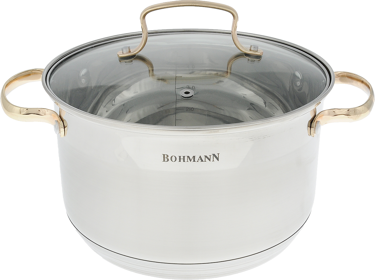 Кастрюля Bohmann с крышкой, 5 л. 1922BHG1922BHG Кастрюля Bohmann с крышкой, 5 л. 1922BHG1922BHGКастрюля Bohmann изготовлена из высококачественной нержавеющей стали с внешней матовой и внутренней зеркальной полировкой. Нержавеющая сталь обладает высокой стойкостью к коррозии и кислотам. Прочность, долговечность и надежность этого материала, а также первоклассная обработка обеспечивают практически неограниченный запас прочности и неизменно привлекательный внешний вид. Кастрюля имеет многослойное капсульное дно с алюминиевым основанием, которое быстро и равномерно накапливает тепло и так же равномерно передает его пище. Капсульное дно позволяет готовить блюда с минимальным количеством воды и жира, сохраняя при этом вкусовые и питательные свойства продуктов. Применение технологии многослойного дна создает эффект удержания тепла - пища готовится и после отключения плиты благодаря термоаккумулирующим свойствам посуды. Посуда оснащена удобными металлическими ручками. Крышка выполнена из жаропрочного стекла, снабжена металлическим ободом и отверстием для выпуска пара. Внутренние стенки дополнены отметками литража. Можно использовать на газовых, электрических, галогеновых, стеклокерамических, индукционных плитах. Можно мыть в посудомоечной машине. Ширина (с учетом ручек): 30 см. УВАЖАЕМЫЕ КЛИЕНТЫ!Обращаем ваше внимание на тот факт, что объем кастрюли указан максимальный, с учетом полного наполнения до кромки. Шкала на внутренней стенке кастрюли имеет меньший литраж.