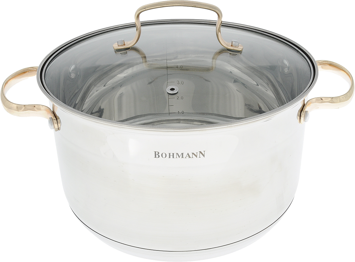 Кастрюля Bohmann с крышкой, 6,6 л. 1924BHG1924BHG Кастрюля Bohmann с крышкой, 6,6 л. 1924BHG1924BHGКастрюля Bohmann изготовлена из высококачественной нержавеющей стали с внешней матовой и внутренней зеркальной полировкой. Нержавеющая сталь обладает высокой стойкостью к коррозии и кислотам. Прочность, долговечность и надежность этого материала, а также первоклассная обработка обеспечивают практически неограниченный запас прочности и неизменно привлекательный внешний вид. Кастрюля имеет многослойное капсульное дно с алюминиевым основанием, которое быстро и равномерно накапливает тепло и так же равномерно передает его пище. Капсульное дно позволяет готовить блюда с минимальным количеством воды и жира, сохраняя при этом вкусовые и питательные свойства продуктов. Применение технологии многослойного дна создает эффект удержания тепла - пища готовится и после отключения плиты благодаря термоаккумулирующим свойствам посуды. Посуда оснащена удобными металлическими ручками. Крышка выполнена из жаропрочного стекла, снабжена металлическим ободом и отверстием для выпуска пара. Внутренние стенки дополнены отметками литража. Можно использовать на газовых, электрических, галогеновых, стеклокерамических, индукционных плитах. Можно мыть в посудомоечной машине. Ширина (с учетом ручек): 33 см. УВАЖАЕМЫЕ КЛИЕНТЫ!Обращаем ваше внимание на тот факт, что объем кастрюли указан максимальный, с учетом полного наполнения до кромки. Шкала на внутренней стенке кастрюли имеет меньший литраж.