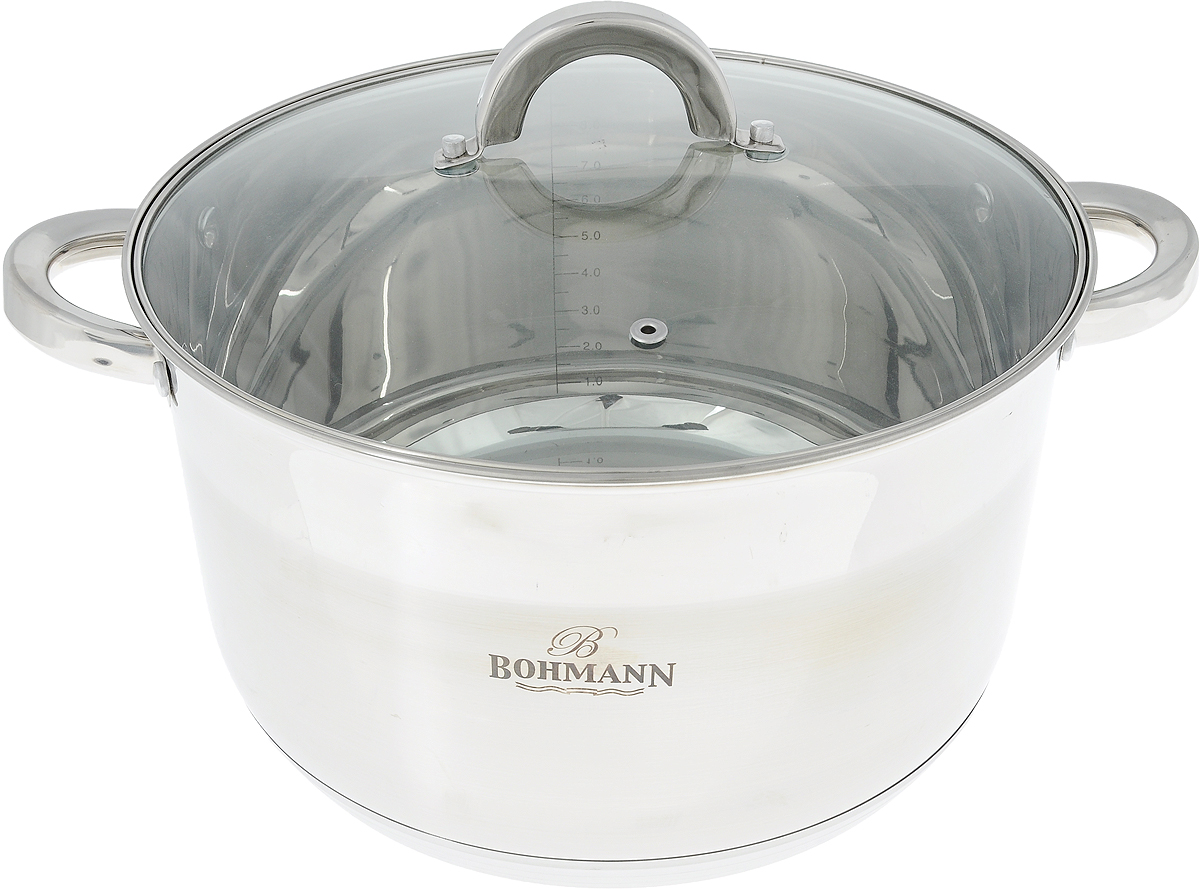 Кастрюля Bohmann с крышкой, 9 л. 1428BH1428BH Кастрюля Bohmann с крышкой, 9 л. 1428BH1428BHКастрюля Bohmann изготовлена из высококачественной нержавеющей хромоникелевой стали с внешней матовой и внутренней зеркальной полировкой. Нержавеющая сталь обладает высокой стойкостью к коррозии и кислотам. Прочность, долговечность и надежность этого материала, а также первоклассная обработка обеспечивают практически неограниченный запас прочности и неизменно привлекательный внешний вид. Кастрюля имеет многослойное капсульное дно с алюминиевым основанием, которое быстро и равномерно накапливает тепло и так же равномерно передает его пище. Капсульное дно позволяет готовить блюда с минимальным количеством воды и жира, сохраняя при этом вкусовые и питательные свойства продуктов. Применение технологии многослойного дна создает эффект удержания тепла - пища готовится и после отключения плиты благодаря термоаккумулирующим свойствам посуды. Посуда оснащена удобными металлическими ручками. Крышка выполнена из жаропрочного стекла, снабжена металлическим ободом и отверстием для выпуска пара. Внутренние стенки дополнены отметками литража. Можно использовать на газовых, электрических, галогеновых, стеклокерамических, индукционных плитах. Можно мыть в посудомоечной машине. Ширина (с учетом ручек): 37 см.