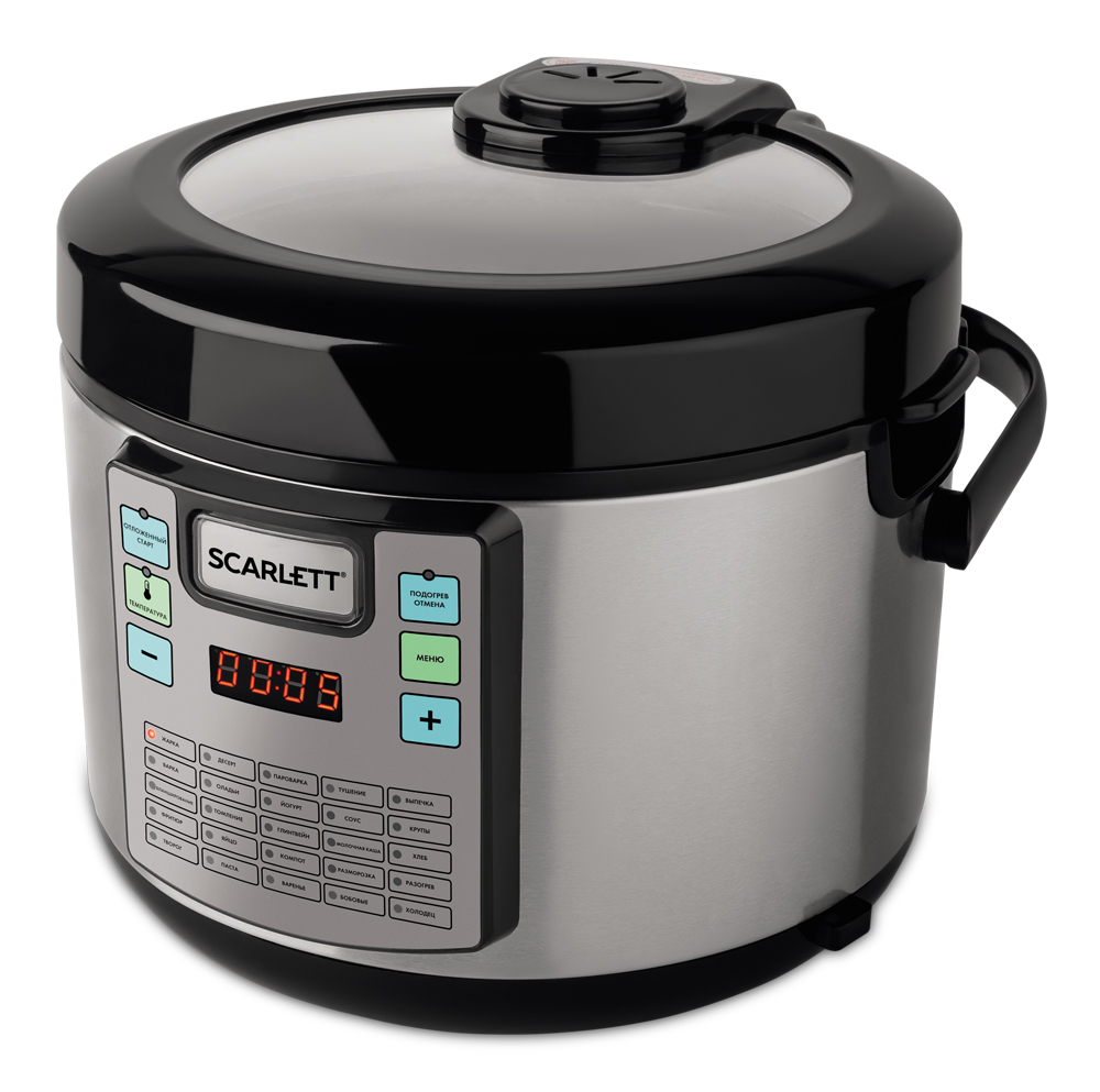 Scarlett SC-MC410S24, Black Steel мультиваркаSC-MC410S24 Scarlett SC-MC410S24, Black Steel мультиваркаSC-MC410S24Мультиварка Scarlett SC-MC410S24 поможет приготовить вкусную и полезную еду даже тем, у кого нет большого кулинарного опыта. Ей легко пользоваться, она оборудована вместительной чашей с двухслойным антипригарным покрытием и ненагревающимися ручками.Если вы торопитесь, заложите продукты и выберите подходящую программу с предустановленными настройками времени и температуры, а дальше устройство все сделает в автоматическом режиме.Вы можете визуально контролировать процесс приготовления при помощи стеклянной крышки.Задайте продолжительность отсрочки с помощью таймера, чтобы получить горячую свежую пищу тогда, когда она нужна. Благодаря этому вам, например, не придется раньше вставать, чтобы сделать завтрак.Мультиварка содержит 28 программ - 25 кулинарных и 3 для управления.