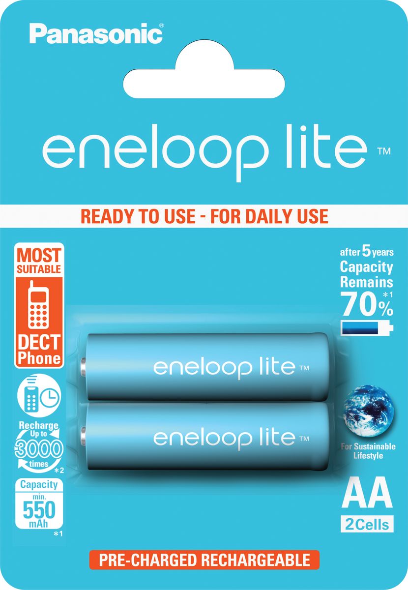 Аккумулятор Panasonic Eneloop R6 AA lite Ni-MH 950 мАч, 2 шт5410853052739 Аккумулятор Panasonic Eneloop R6 AA lite Ni-MH 950 мАч, 2 шт5410853052739Базовая модель представляет собой оптимальное решение для устройств ежедневного использования с низким энергопотреблением (DECT телефоны, пульты дистанционного управления и пр.), гарантируя максимально длительный и экономичный срок службы. Количество циклов заряд / разряд – до 3000 раз.