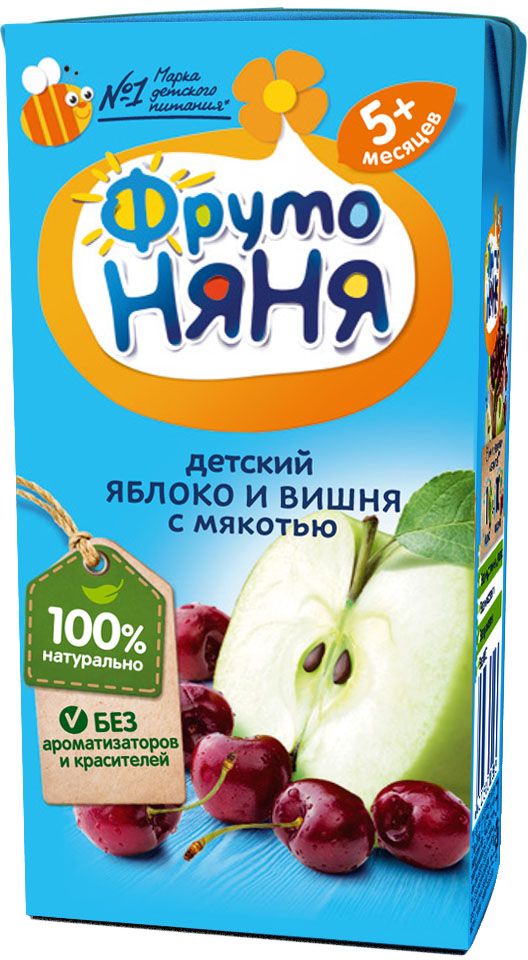 ФрутоНяня нектар из яблок и вишни с мякотью с 5 месяцев, 0,2 лP052007 ФрутоНяня нектар из яблок и вишни с мякотью с 5 месяцев, 0,2 лP052007Детскими соками и нектарами ФрутоНяня становятся натуральные, отборные фрукты, ягоды и овощи. Они обеспечивают вашего малыша природной пользой и энергией для гармоничного роста и развития. Бережная технология приготовления сохраняет природную пользу фруктов, ягод и овощей. Современное производство соответствует высоким стандартам безопасности и качества.