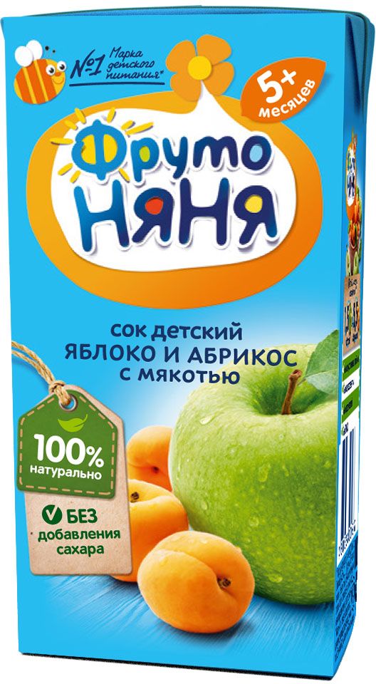 ФрутоНяня сок из яблок и абрикосов с мякотью с 5 месяцев, 0,2 лP052009 ФрутоНяня сок из яблок и абрикосов с мякотью с 5 месяцев, 0,2 лP052009Детскими соками и нектарами ФрутоНяня становятся натуральные, отборные фрукты, ягоды и овощи. Они обеспечивают вашего малыша природной пользой и энергией для гармоничного роста и развития. Бережная технология приготовления сохраняет природную пользу фруктов, ягод и овощей. Современное производство соответствует высоким стандартам безопасности и качества.