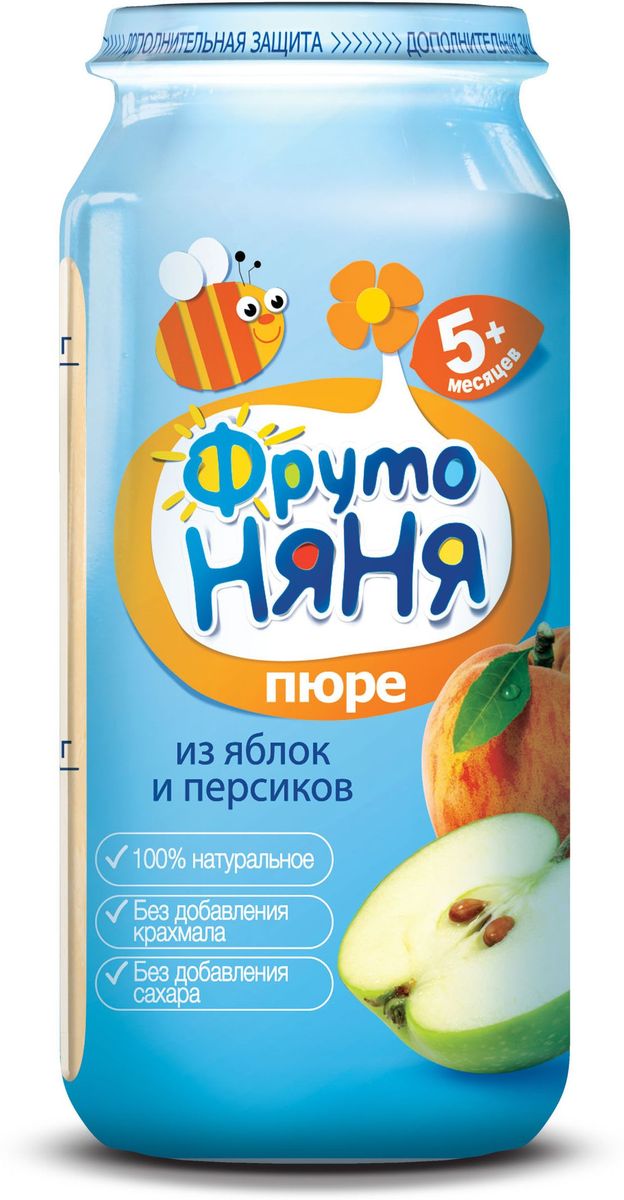 ФрутоНяня пюре из яблок и персиков с 5 месяцев, 250 гP072505 ФрутоНяня пюре из яблок и персиков с 5 месяцев, 250 гP072505100% натуральное, без крахмала, без сахара.
