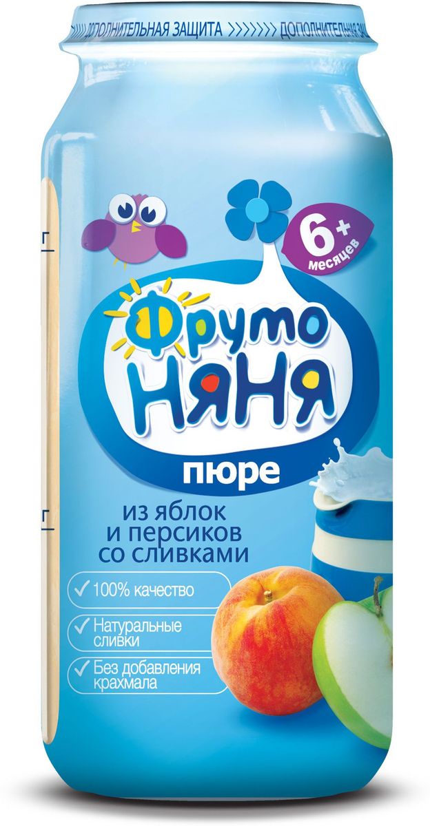 ФрутоНяня пюре из яблок и персиков со сливками с 6 месяцев, 250 гP072509 ФрутоНяня пюре из яблок и персиков со сливками с 6 месяцев, 250 гP072509100% натуральное, без крахмала, без сахара.