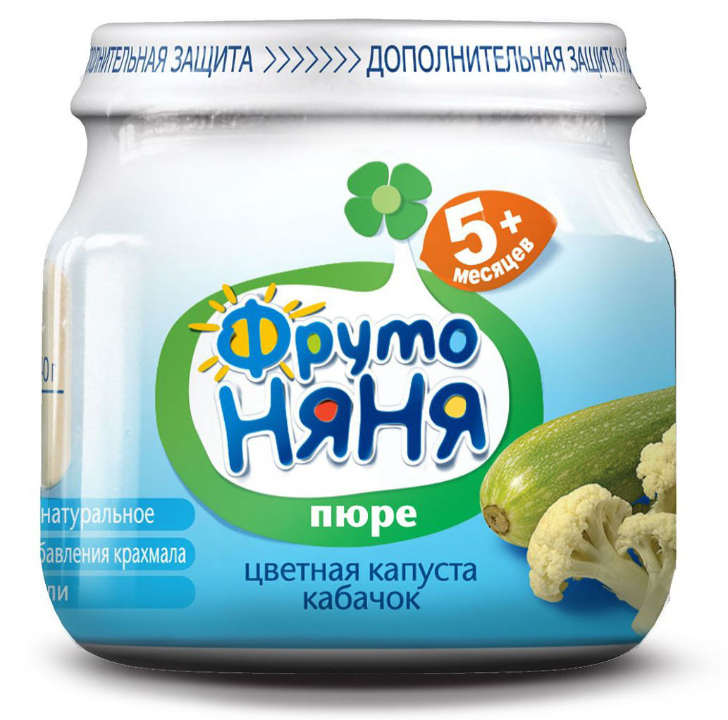 ФрутоНяня пюре из цветной капусты и кабачков с 5 месяцев, 80 гP078008 ФрутоНяня пюре из цветной капусты и кабачков с 5 месяцев, 80 гP078008Расширяем рационв составе только овощи и водабез консервантов, красителей, ароматизаторов, крахмала, соли