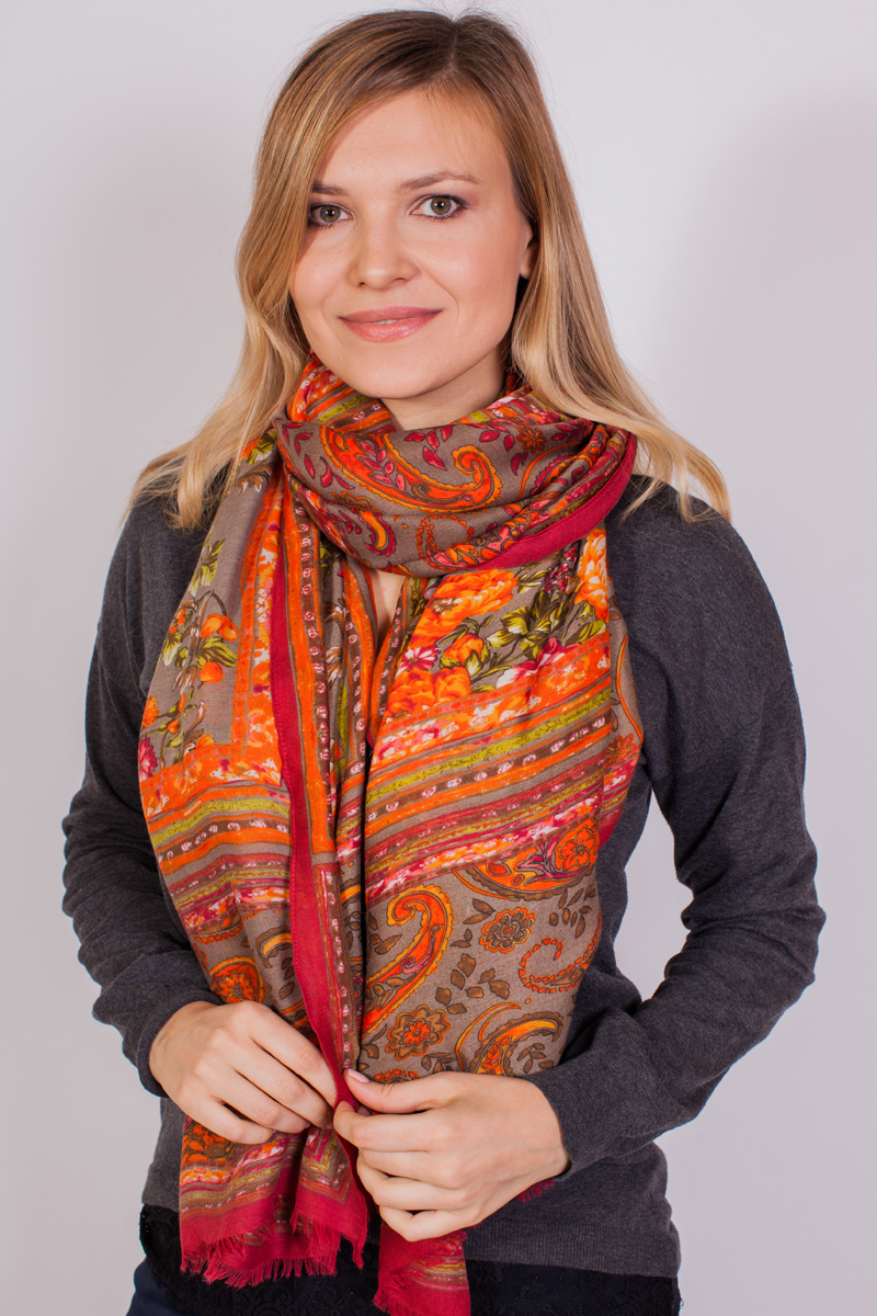 Палантин женский Sophie Ramage, цвет: оранжевый, красный, серый. YY-21702-1. Размер 120 см х 180 см