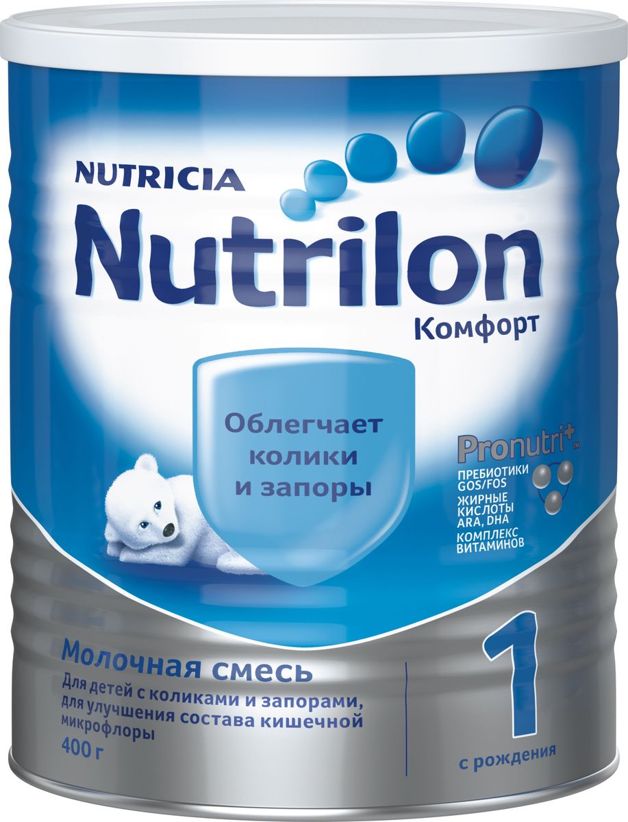 Nutrilon Комфорт 1 специальная молочная смесь PronutriPlus, с рождения, 400 г8712400737258 Nutrilon Комфорт 1 специальная молочная смесь PronutriPlus, с рождения, 400 г8712400737258Нередко колики и запоры мешают правильному развитию, отвлекая ребенка от активного познания мира, и в этом случае он нуждается в особом питании. Nutrilon Комфорт 1 разработан специально для нормализации пищеварения, обеспечивая 5 слагаемых комфорта: профилактику запоров, уменьшение колик, нормализацию микрофлоры, легкое переваривание, предотвращение заглатывания воздуха и срыгивания. Молочная смесь Nutrilon Комфорт - полноценная сухая молочная смесь, которая содержит частично расщеплённый (гидролизованный) белок и сниженную концентрацию лактозы (молочного сахара), что позволяет смеси легче усваиваться в нежном кишечнике ребенка и не вызывать колик. В качестве основного источника жира в смеси используются жиры растительного происхождения, которые легко перевариваются и не вызывают запоров. В этой смеси содержатся специальные ингредиенты, увеличивающие вязкость, что снижает вероятность возникновения срыгивания. Благодаря уникальному комплексу ингредиентов PronutriPlus, Nutrilon Комфорт 1 способствует развитию иммунитета и интеллекта, помогая вашему ребенку развиваться.