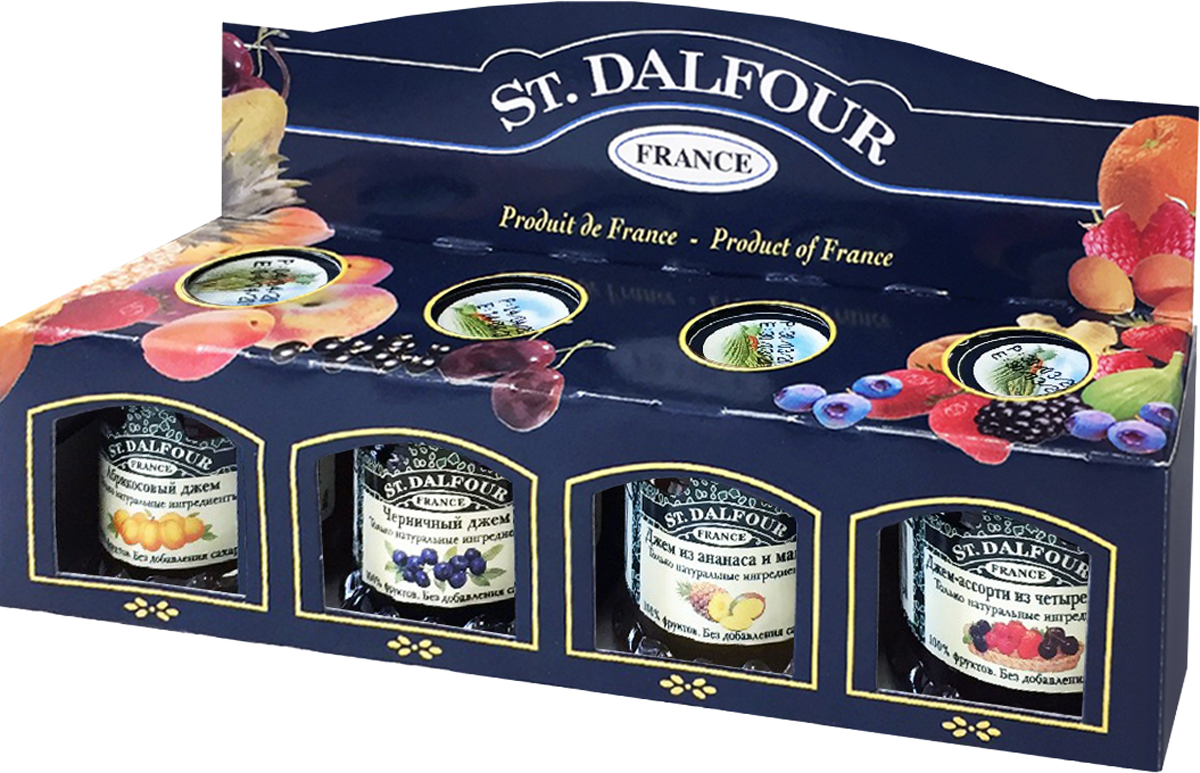 St. Dalfour подарочный набор 4 джема черника, ананас и манго, ассорти из 4 ягод, абрикос, 112 г207062 St. Dalfour подарочный набор 4 джема черника, ананас и манго, ассорти из 4 ягод, абрикос, 112 г207062Полностью натуральный продукт. Не содержит красителей и консервантов.