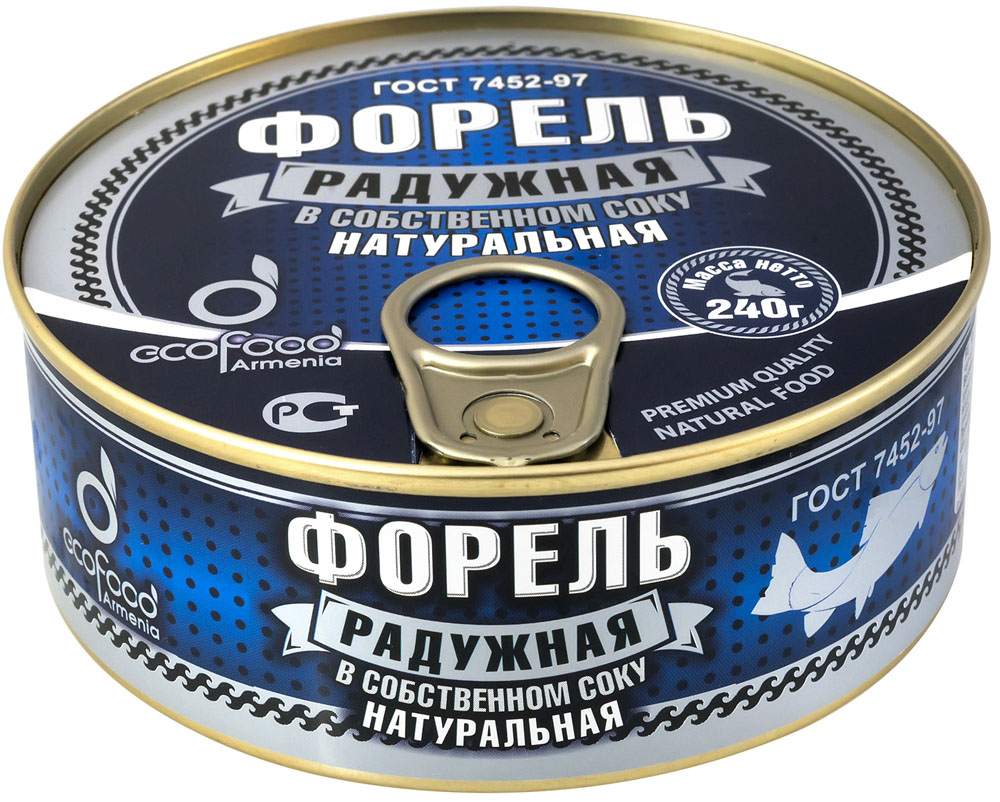 Ecofood форель радужная в собственном соку, 240 г00000041077 Ecofood форель радужная в собственном соку, 240 г00000041077Царственный представитель лососевых - радужная форель, выращенная в собственном питомнике. Мясо форели экологически чистый продукт, обладает отменно-нежный вкус, настолько обогащено витаминами, что применимо в детском питании. Все компоненты форели так или иначе воздействуют на функции организма: на образование эритроцитов, белковый и жировой обмен, усвоение глюкозы и холестериновый обмен. Так что можно с уверенностью сказать, что это весьма ценный продукт. Мясо форели содержит много витаминов (А, D, B12) и незаменимых аминокислот.