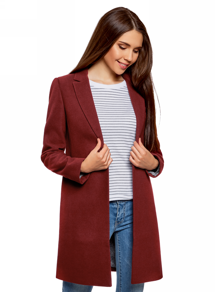 Пальто женское oodji Ultra, цвет: бордовый. 10103019/45628/4903N. Размер 42 (48-170)