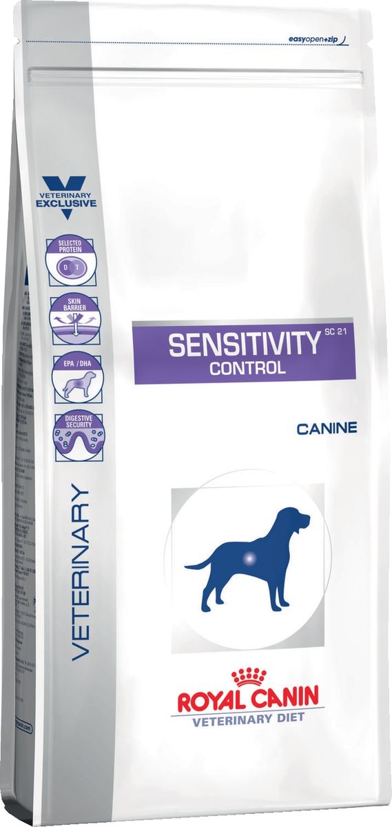 Корм сухой Royal Canin Vet Sensitivity Control SC21, для собак при пищевой аллергии или непереносимости, с уткой, 14 кг52129 Корм сухой Royal Canin Vet Sensitivity Control SC21, для собак при пищевой аллергии или непереносимости, с уткой, 14 кг52129Сухой корм предназначен для собак при пищевой аллергии или непереносимости.Состав: тапиока, дегидратированные белки животного происхождения (утка), гидролизат белков мяса птицы, растительная клетчатка, животные жиры, свекольный жом, рыбий жир, соевое масло, оболочка и семена подорожника, минеральные вещества, фруктоолигосахариды, экстракт бархатцев прямостоячих (источник лютеина).Питательные добавки: Витамин A: 25000 ME, Витамин D3: 800 ME, Железо: 41 мг, Йод: 2,8 мг, Марганец: 54 мг, Цинк: 203 мг, Ceлeн: 0,1 мг - Консервант: сорбат калияСодержание питательных веществ:Белки: 21 % - Жиры: 9 % - Минеральные вещества: 7,2 % - Клетчатка пищевая: 4,4 % - В 1 кг: EPA/DHA: 3,5 г - Основные жирные кислоты: 28 г - Медь: 15 мг.Товар сертифицирован.