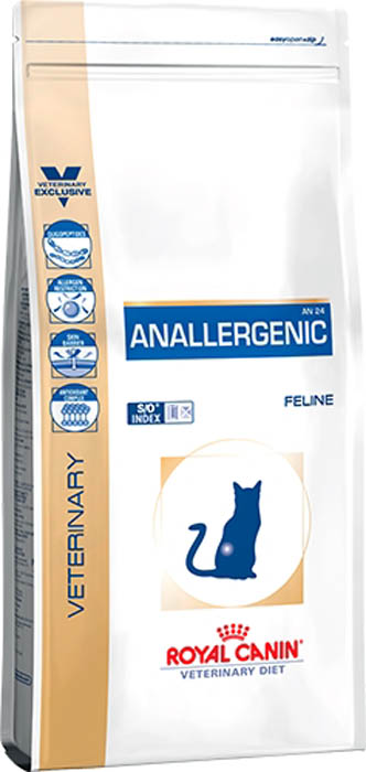Корм сухой Royal Canin Anallergenic, для кошек при пищевой аллергии или непереносимости с ярко выраженной гиперчувствительностью, 4 кг66623 Корм сухой Royal Canin Anallergenic, для кошек при пищевой аллергии или непереносимости с ярко выраженной гиперчувствительностью, 4 кг66623Показания:Нежелательная реакция на корм (НРК), проявляющаяся нарушениями со стороны кожного покрова и/или пищеварительного тракта:- диагностика: исключающая диета первого выбора- ТерапияАтопический дерматит кошек, ассоциированный с НРКВоспалительные заболевания кишечника (IBD)Противопоказания:Беременность, лактация, ростДлительность курса применения:Если предполагается аллергия алиментарной природы или непереносимость корма, корм AnallergenicFeline может быть назначен на протяжении всей жизни животного. На данный корм можно переводить кошку сразу, без постепенного перехода. Олигопептиды Корм содержит в своем составе только свободные аминокислоты и олигопептиды с низким молекулярным весом, получаемые из высококачественного гидролизата перьевой муки. Исключение аллергенов Для исключения аллергогенности в рецептуре корма используется чистый кукурузный крахмал в качестве единственного источника крахмала. Благодаря особенностям производства, корм обладает высокой вкусовой привлекательностью, а также исключается контаминация другими видами белков, которые могут спровоцировать аллергическую реакцию. Барьерная функция кожи Сочетание никотинамида, инозитола, холина, гистидина и пантотеновой кислоты усиливает защитные функции кожи и предотвращает ее излишнюю сухость. Комплекс антиоксидантов Комплекс антиоксидантов синергичного действия уменьшает окислительный стресс и помогает нейтрализовать свободные радикалы.* Ориентируйтесь на суточный рацион, указанный на упаковке продукта СОСТАВКукурузный крахмал, низкомолекулярный гидролизат белка пера птицы (источник L-аминокислот и олигопептидов), кокосовое масло, соевое масло, растительная клетчатка, минеральные вещества, животные жиры, рыбий жир, жом цикория, фруктоолигосахариды, мальтодекстрин, моно- и диглицеридыжирных кислот, этерифицированные лимонной кислотой, декстроза, экстракт бархатцев прямостоячих (источник лютеина).Источник белка: низкомолекулярный гидролизат белка пера птицы (источник L-аминокислот и олигопептидов), источник углеводов: кукурузный крахмал.ДОБАВКИ (на кг)*Питательные добавки: Витамин А: 26000 МЕ, Витамин D3: 800 МЕ, Железо: 40 мг, Йод: 3,6 мг, Медь: 15 мг, Марганец: 52 мг, Цинк: 190 мг, Селен: 0,3 мг – Технологические добавки: Клиноптилолит осадочного происхождения: 10 г – Консерванты – Антиоксиданты.*Внимание: указано только количество веществ, добавленных в рецептуру, без учета их естественного содержания в компонентах корма.