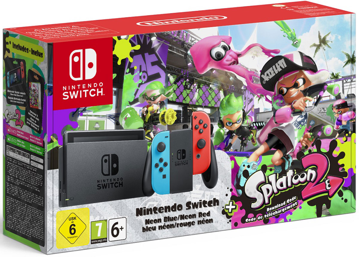 Игровая приставка Nintendo Switch, Neon Red Blue + Splatoon 2045496452346 Игровая приставка Nintendo Switch, Neon Red Blue + Splatoon 2045496452346Nintendo Switch - инновационная игровая консоль-гибрид. Ее не только можно подключить к телевизору, она также мгновенно превращается в портативную игровую систему с экраном 6,2 дюйма.Впервые игроки смогут наслаждаться масштабными игровыми проектами, типичными для домашних консолей, где угодно и когда угодно. Игровая консоль поддерживает Amiibo и многопользовательскую локальную/онлайн игру на 8 человек.Многофункциональные контроллеры Joy-Con предлагают игрокам новые возможности для развлечений. Каждый Joy-Con оснащен полным набором кнопок и может выступать в качестве самостоятельного контроллера. Каждый контроллер оснащен акселерометром, гироскопом, а также поддерживают функцию вибрации HD.Подключите консоль к телевизору, и все от мала до велика смогут погрузиться в игровые миры. Отличный способ играть в видеоигры дома с друзьями и родными.Если у вас нет доступа к телевизору, откиньте опору консоли и вручите другу контроллер Joy-Con, чтобы соревноваться друг с другом и играть вместе на экране консоли.Игроки могут подключить до восьми консолей Nintendo Switch друг к другу и наслаждаться многопользовательскими играми.На каждой стороне Nintendo Switch расположено по контроллеру Joy-Con, которые работают в паре. Если вы установите два Joy-Con в держателе Joy-Con, у вас получится традиционный контроллер. Без держателя они функционируют как два отдельных полноценных контроллера.Прикрепите ремешки Joy-Con, идущие в комплекте, к контроллерам и закрепите ремешки на запястье, чтобы насладиться управлением движением.Инфракрасная камера движения в правом контроллере Joy-Con может определять форму, движение и расстояние до объектов, попадающих в поле зрения камеры. Например, она может распознать форму руки, когда вы играете в камень, ножницы, бумага. Теперь в играх откроются новые возможности!Ведите бои за территорию где угодно, когда угодно и с кем угодно в Splatoon 2 для Nintendo Switch. В этом полноценном продолжении игрокам будут доступны традиционные бои 4 на 4 за район, другие уже полюбившиеся режимы, а также новые арены, новая одежда, новое оружие и многое другое!В боях за район цель предельно проста — захватить как можно большую территорию, закрасив ее краской. Побеждает команда, закрасившая большую поверхность. Превращайтесь в кальмара, чтобы быстро плавать по чернилам своей команды. Вы даже сможете забираться по стенам (если они закрашены краской вашей команды), чтобы захватить выгодное положение с хорошим обзором, или затаиться в засаде, поджидая неосторожных игроков.Вы сможете вести бои за район в локальном мультиплеере в режиме ТВ, а также в портативном и настольном режимах. До 10 консолей Nintendo Switch в док-станциях—восемь игроков и двое зрителей — можно объединить через LAN, создавая локальные турниры без подключения к Интернету. Без боев онлайн, конечно же, тоже не обойдется.