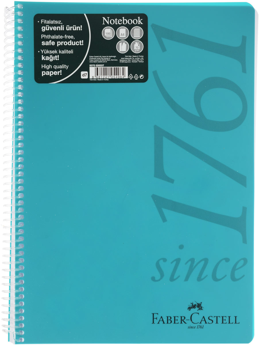 Faber-Castell Блокнот Since 1761 100 листов в линейку цвет бирюзовый507037_бирюзовый Faber-Castell Блокнот Since 1761 100 листов в линейку цвет бирюзовый507037_бирюзовыйОригинальный блокнот Faber-Castell Since 1761 в твердой пластиковой обложке подойдет для памятных записей, любимых стихов и многого другого.Внутренний блок состоит из 100 листов в линейку. Блокнот скреплен спиралью. Такой блокнот станет вашим верным помощником,а также отличным подарком для в близких и друзей.