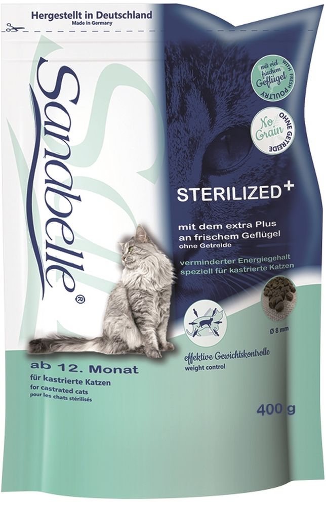 Корм сухой Sanabelle Sterilized для стерилизованных кошек, 400 г57092 Корм сухой Sanabelle Sterilized для стерилизованных кошек, 400 г57092Особая формула Sanabelle Sterilizedс пониженной энергетической плотностью способствует поддержанию постоянной массы тела кошки и препятствует развитию ожирения, часто являющимся следствием изменения обмена веществ у стерилизованных кошек. Высокое содержание кристаллической клетчатки помогает контролировать чувство голода и уменьшает вероятность переедания. Кроме того, максимально насыщенный омега-3 ненасыщенными жирными кислотами состав эффективно борется с воспалительными процессами в нижних мочевыводящих путях и снижает риск развития мочекаменной болезни. В составе нового корма полностью отсутствуют злаковые, поэтому рацион Sanabelle Sterilized может быть рекомендован даже для кошек с пищевой непереносимостью и аллергией на злаковые. Состав: белок 29,0 %, жир 9,5 %, клетчатка 5,5 %, зола 5,8 %, кальций 1,1 %, фосфор 1,05 %, магний 0,08 %, влажность 10 %. Энергетическая ценность (ккал/100г): 361. Добавки (на 1кг корма): витамин A 17000 МЕ, витамин D3 1500 МЕ, витамин E 150 мг, таурин 2000 мг, медь (сульфат меди, пентагидрат) 10 мг, цинк (оксид цинка) 30 мг, цинк (аминокислотный хелат цинка, гидрат) 40 мг, йод (йодат кальция, безводный) 2 мг, селен (селенит натрия) 0,2 мг.Технологические добавки: антиоксиданты. Ингредиенты: свежее мясо домашней птицы (мин. 20 %), картофельные хлопья, картофельная мука, мука из мяса домашней птицы, картофельный белок, гидролизованный белок, печень (дегидратированная), целлюлоза, пульпа свёклы (без сахара), льняное семя, горох (дегидратированный), рыбий жир, дрожжи (дегидратированные), животный жир, хлорид калия, клюква (дегидратированная), черника (дегидратированная), мука из мидий, порошок цикория, цветки бархатцев (дегидратированные), экстракт юкки (дегидратированный).Товар сертифицирован.