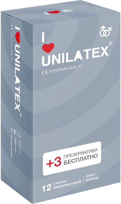 Презервативы Unilatex Ribbed, 12 шт. + 3 шт. в подарок