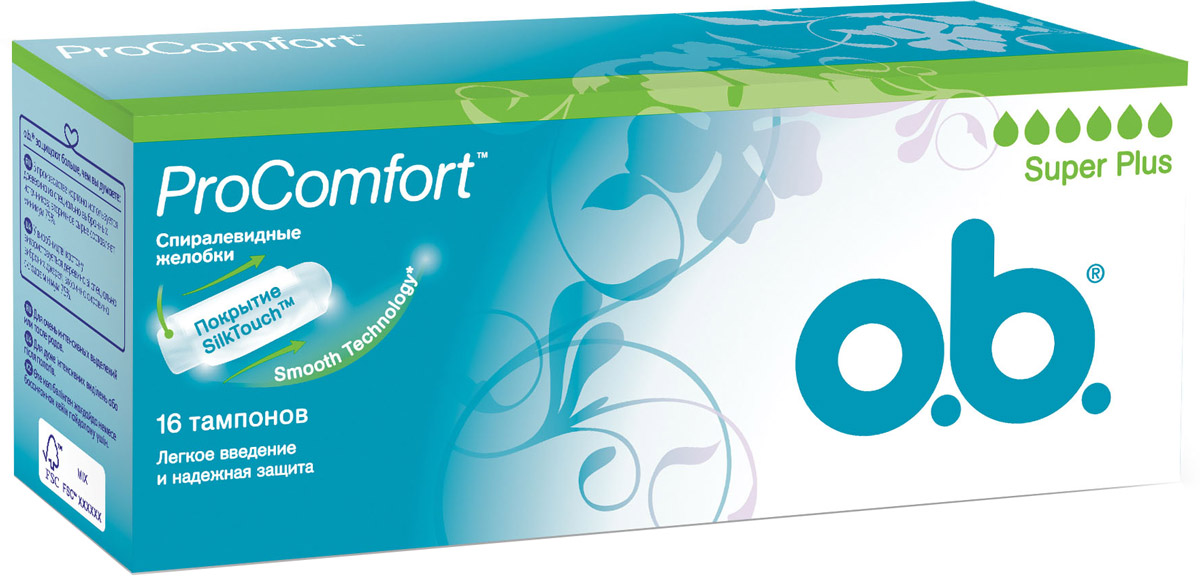 O.B. Тампоны ProComfort Super Plus, 16 шт69143 O.B. Тампоны ProComfort Super Plus, 16 шт69143Тампоны O.B. ProComfort Super Plus с уникальным шелковистым покрытием SilkTouch предназначены для надежной защиты и большего комфорта. Тампоны обеспечивают легкое введение и извлечение благодаря уникальному покрытию SilkTouch; Технология спиралевидных желобков FluidLock для более эффективного направления жидкости внутрь тампона; Новая технология Smooth Technology для еще более гладкой поверхности тампона.Подходят для очень интенсивных выделений или после родов.Товар сертифицирован.