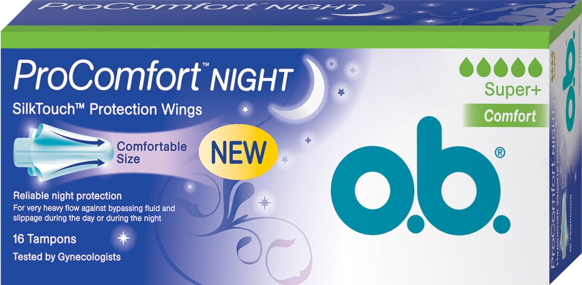 o.b. Тампоны ProComfort Night Super Plus Comfort 16 шт.30620581 o.b. Тампоны ProComfort Night Super Plus Comfort 16 шт.30620581Попробуйте ПЕРВЫЕ ночные тампоны! o.b.® ProComfort™ Night Super Plus - надежная защита ночью для очень интенсивных выделений с защитой 5 капель и комфортным размером тампона.o.b.® ProComfort™ Night Super Plus имеют специальные защитные крылышки SilkTouch™, которые обеспечивают дополнительную защиту от протекания и комфортное введение и извлечение тампона.o.b.® разработаны женщиной-гинекологом.