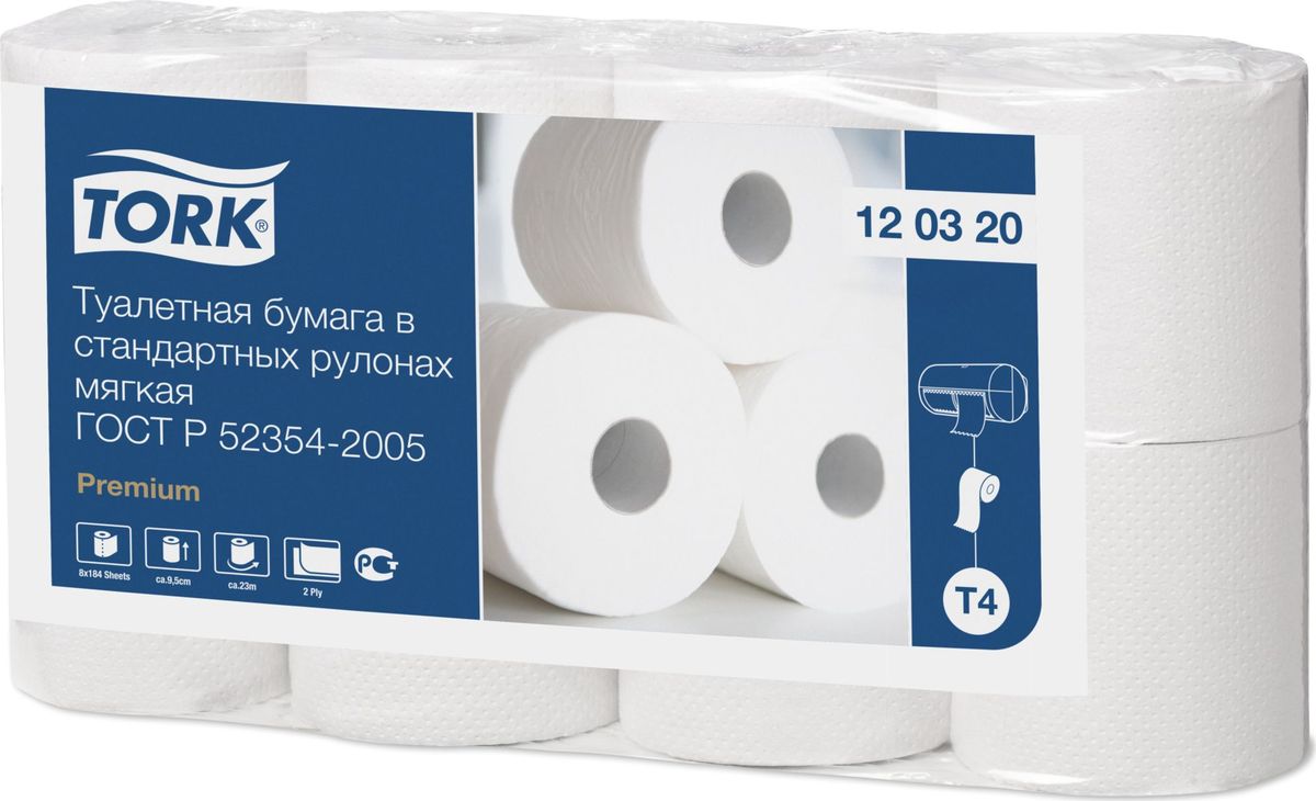 Бумага туалетная Tork Premium, двухслойная, 8 рулонов, 12 упаковок120320 Бумага туалетная Tork Premium, двухслойная, 8 рулонов, 12 упаковок120320Мягкая туалетная бумага Tork в стандартных рулонах обеспечит вашим гостям домашний комфорт вдали от дома. Система Т4.•Белая и мягкая•Быстро растворяется в воде