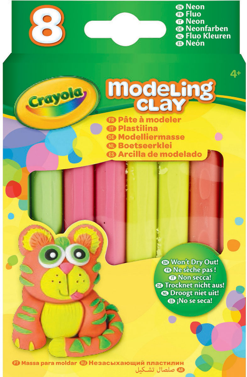 Crayola Пластилин Неоновый 8 цветов57-0313N Crayola Пластилин Неоновый 8 цветов57-0313NПредставляем вам новый набор незасыхающего пластилина от известного американского бренда Crayola. Всего в комплекте 8 кусков пластилина различных цветов с неоновыми эффектами.Лепка из пластилина поможет ребенку развить воображение и мелкую моторику рук. Кроме того ребенок начнет лучше воспринимать форму, фактуру и цвета предметов.Продукция бренда Crayola изготавливается из безопасных и нетоксичных материалов. Пластилин не сможет навредить здоровью вашего ребенка, поэтому он идеально подойдут для юных начинающих скульпторов. Пластилин рекомендован для детей в возрасте от 4 лет.