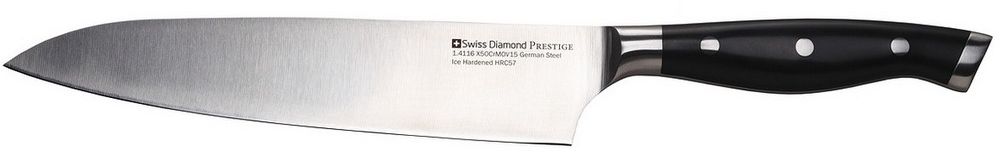 Нож Шеф Swiss Diamond Prestige, длина лезвия 20 смSDPK01 Нож Шеф Swiss Diamond Prestige, длина лезвия 20 смSDPK01Нож шеф. Материал лезвия: нержавеющая сталь. Длина лезвия: 20 см. Материал рукоятки: пластик. Цвет: черный. Ножи изготовлены из немецкой стали 1.4116, которая дает ножам относительную гибкость вместе с непревзойденной стойкостью к коррозия. Лезвия ножей подвергаются процессу ледяной закалки (одна из последних технологий, которую используют ведущие производители ножей из Германии), для достижения прочности лезвия, предотвращения образования пятен и уверенности в остроте лезвия на долгое время.