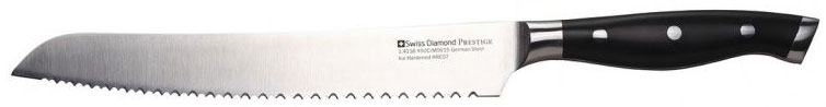 Нож для хлеба Swiss Diamond Prestige, длина лезвия 22 смSDPK03 Нож для хлеба Swiss Diamond Prestige, длина лезвия 22 смSDPK03Нож для хлеба. Материал лезвия: нержавеющая сталь. Длина лезвия: 22 см. Материал рукоятки: пластик. Цвет: черный. Ножи изготовлены из немецкой стали 1.4116, которая дает ножам относительную гибкость вместе с непревзойденной стойкостью к коррозии. Лезвия ножей подвергаются процессу ледяной закалки (одна из последних технологий, которую используют ведущие производители ножей из Германии), для достижения прочности лезвия, предотвращения образования пятен и уверенности в остроте лезвия на долгое время.