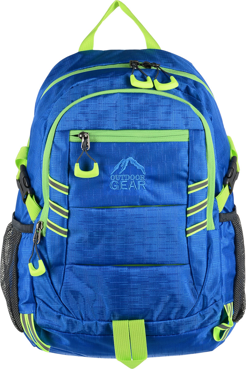 Рюкзак городской Outdoor Gear, цвет: синий, салатовый.1212 Рюкзак городской Outdoor Gear, цвет: синий, салатовый.1212Стильный и удобный рюкзак изготовлен из качественного 100% полиэстера с водоотталкивающими свойствами. Рюкзак Outdoor Gear, в котором сочетается функциональность и эстетический внешний вид имеет два больших отделения, одно из которых дополнено подвесным кармашком на молнии и накладным открытым отделением. С внешней стороны рюкзакоснащен втачным карманом на молнии и двумя боковыми карманами из сетки. Эргономичные лямки с регулировкой и ортопедическая спинка добавят вам комфорта при использовании.