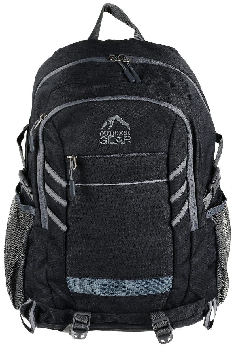 Рюкзак городской Outdoor Gear, цвет: черный, серый.1511 Рюкзак городской Outdoor Gear, цвет: черный, серый.1511Стильный и удобный рюкзак изготовлен из качественного 100% полиэстера с водоотталкивающими свойствами. Рюкзак Outdoor Gear, в котором сочетается функциональность и эстетический внешний вид имеет два больших отделения, одно из которых дополнено подвесным кармашком на молнии и накладным открытым отделением. С внешней стороны рюкзакоснащен втачным карманом на молнии и двумя боковыми карманами из сетки. Эргономичные лямки с регулировкой и ортопедическая спинка добавят вам комфорта при использовании.