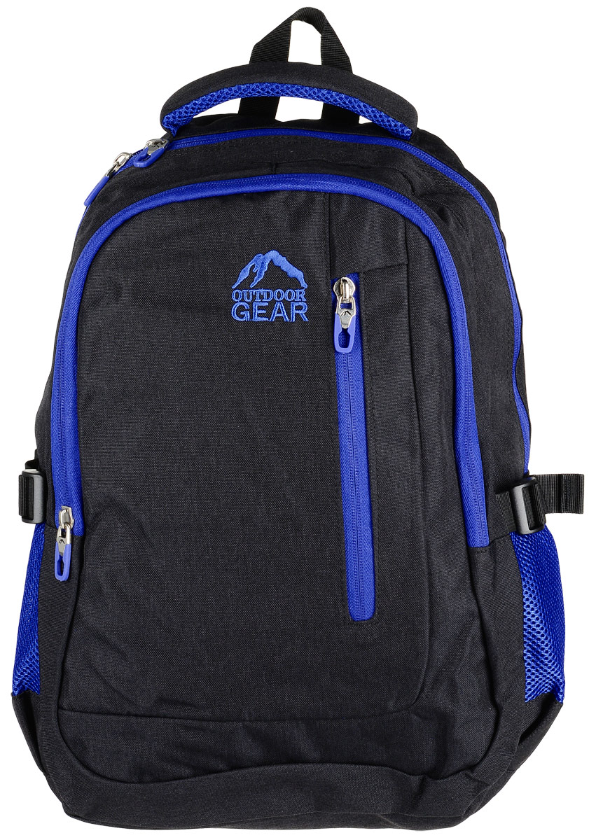Рюкзак городской Outdoor Gear, цвет: черный, синий.1614 Рюкзак городской Outdoor Gear, цвет: черный, синий.1614Стильный и удобный рюкзак изготовлен из качественного 100% полиэстера с водоотталкивающими свойствами. Рюкзак Outdoor Gear, в котором сочетается функциональность и эстетический внешний вид имеет два больших отделения, одно из которых дополнено карманом для ноутбука с мягкой стенкой, а второе отделение имеет органайзер для мелочей. С внешней стороны рюкзак оснащен одним втачным карманом на молнии. Боковые стенки модели имеют два накладных кармана из сетки. Анатомические лямки с регулировкой и ортопедическая спинка добавят вам комфорта при использовании.