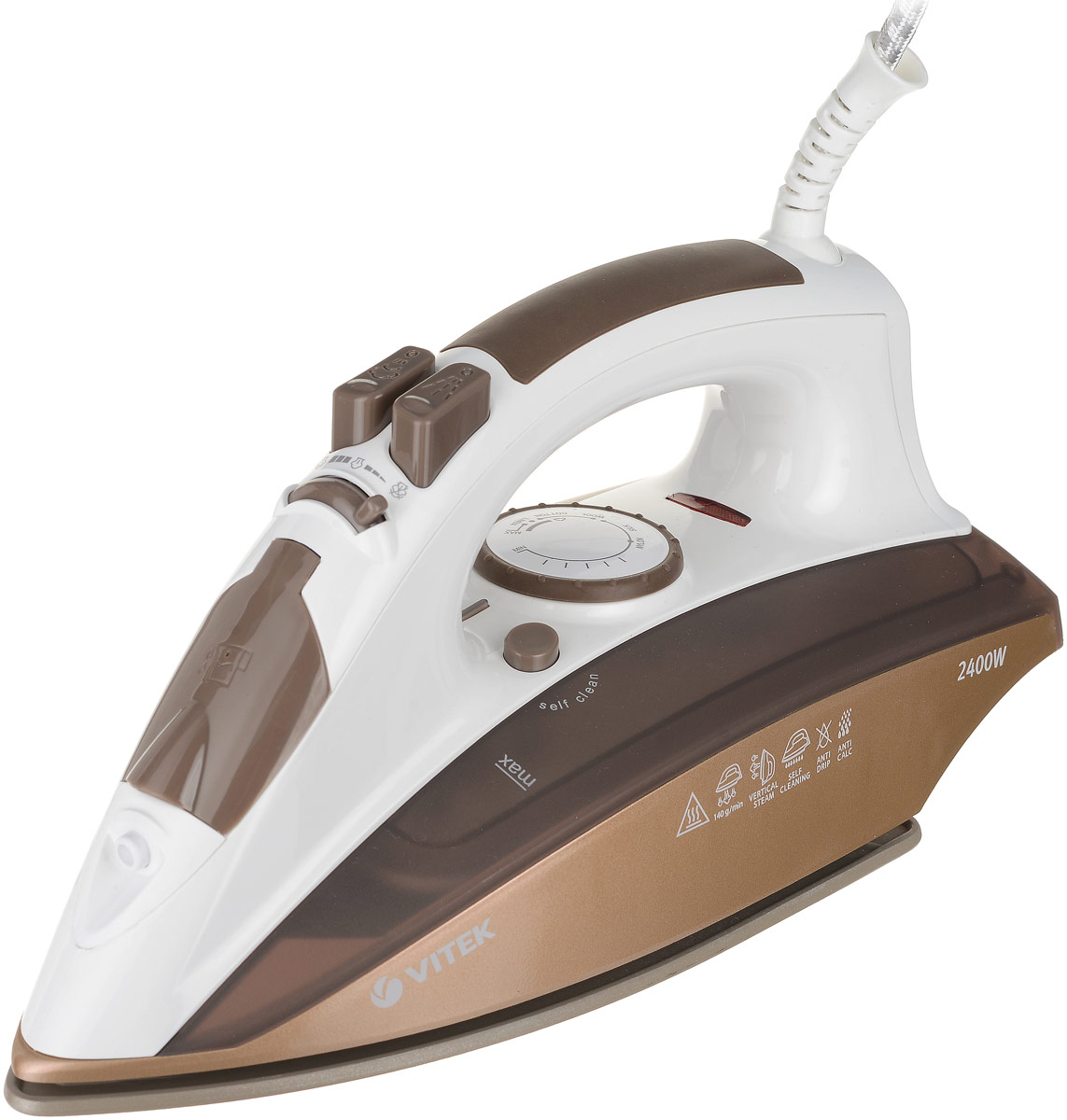 Vitek VT-1201 BN, Brown утюгVT-1201 BN Vitek VT-1201 BN, Brown утюгVT-1201 BNVITEK - один из ведущих брендов в России по бытовой технике и электронике, входящий в Топ-3 марок по наличию техники в домохозяйствах (по данным M’Index TNS Gallup за 1-й квартал, 2017г.), представляет утюг VT-1201 BN.Гладить деликатные и плотные ткани для вас не проблема с утюгом VT-1201 BN. Благодаря качественному антипригарному покрытию утюг идеально скользит по любой ткани, отглаживая даже самые сильные складки. Для отпаривания вы можете использовать простую водопроводную воду. Ведь функция самоочистки и система защиты от накипи позволят вам избежать поломки прибора из-за некачественной воды на протяжении всего срока эксплуатации. В зависимости от обрабатываемой ткани, вы с легкостью отрегулируете мощность подачи пара до 50 граммов в минуту. С этим утюгом вы быстро отгладите и постиранные шторы, используя функцию вертикального отпаривания!