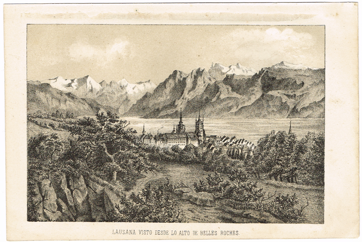 Лозанна. Вид с вершины горы Роше. Литография. Испания, XIX век