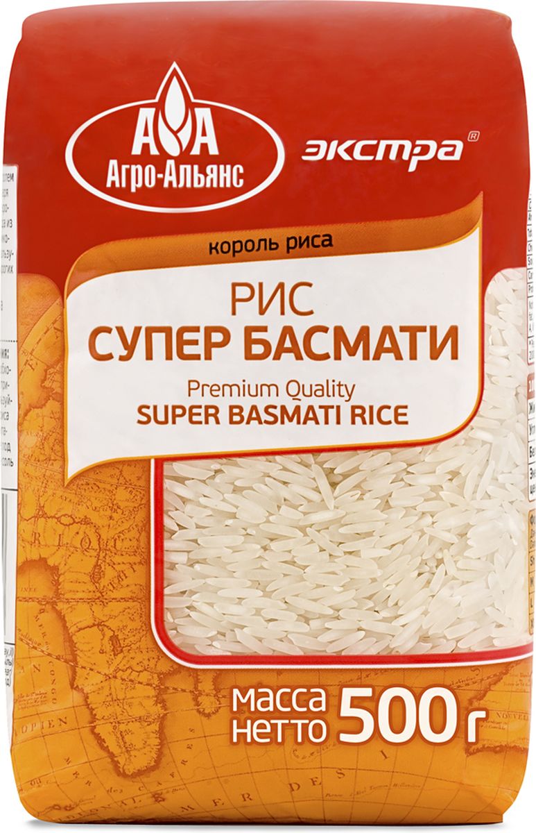 Агро-Альянс Экстра рис супер басмати, 500 г4607072710064 Агро-Альянс Экстра рис супер басмати, 500 г4607072710064Все лучшее из Азии и Нового Света объединилось в этом рисе. Сорт Басмати, выращенный у подножия Гималаев, признан королем риса за утонченность, высокие вкусовые качества и уникальный природный аромат.